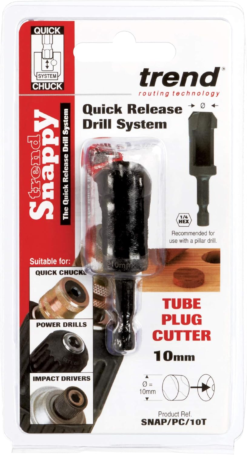 Trend Snappy 10Mm Tube Plug Cutter for Perfect Timber Plugs, Quick Release Drill System Compatible, SNAP/PC/10T, Silver