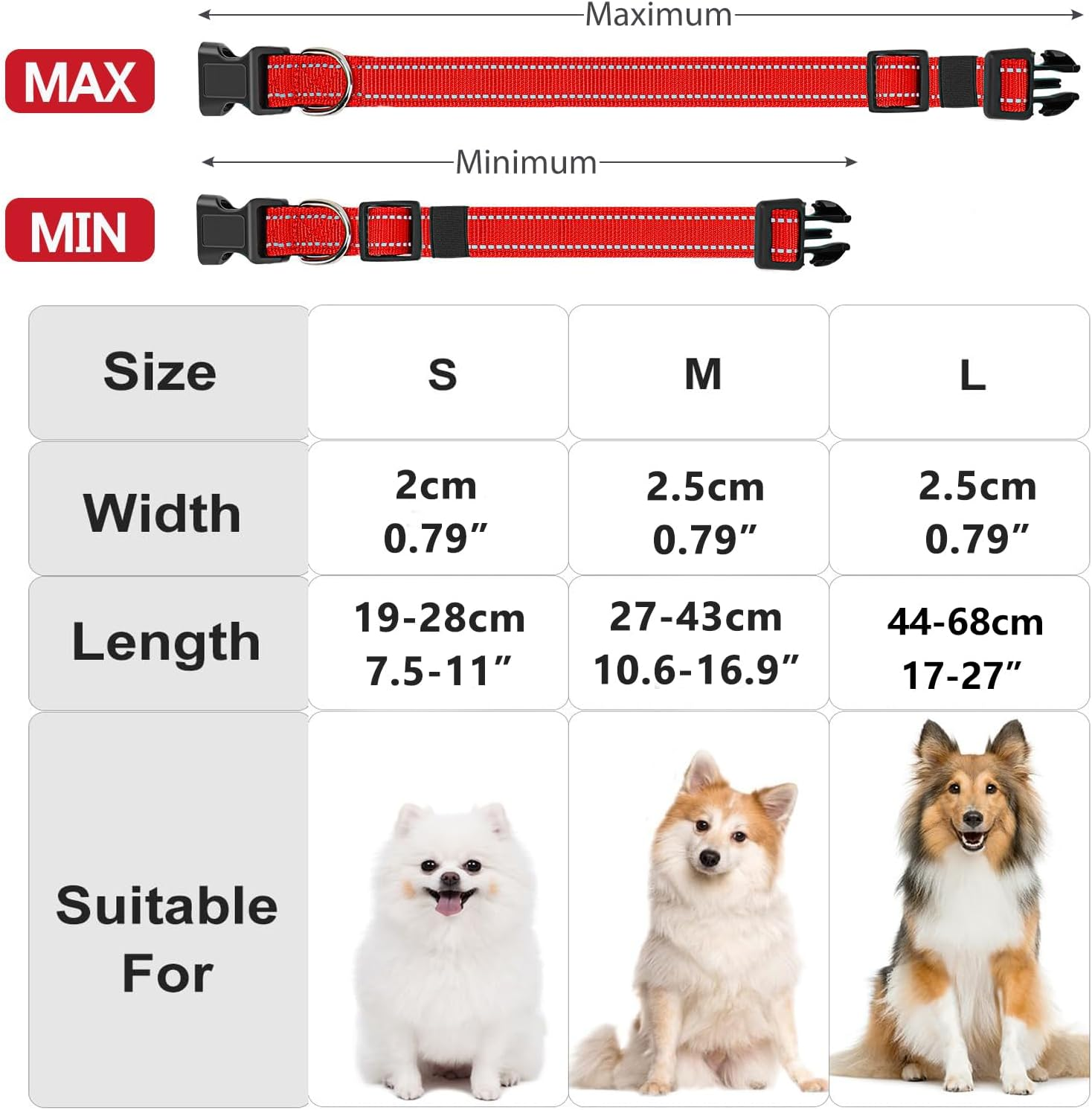 Reflective Nylon Dog Collar with Safety Buckle, Adjustable Pet Collars with Soft Neoprene Padding (Orange, M) image number 3