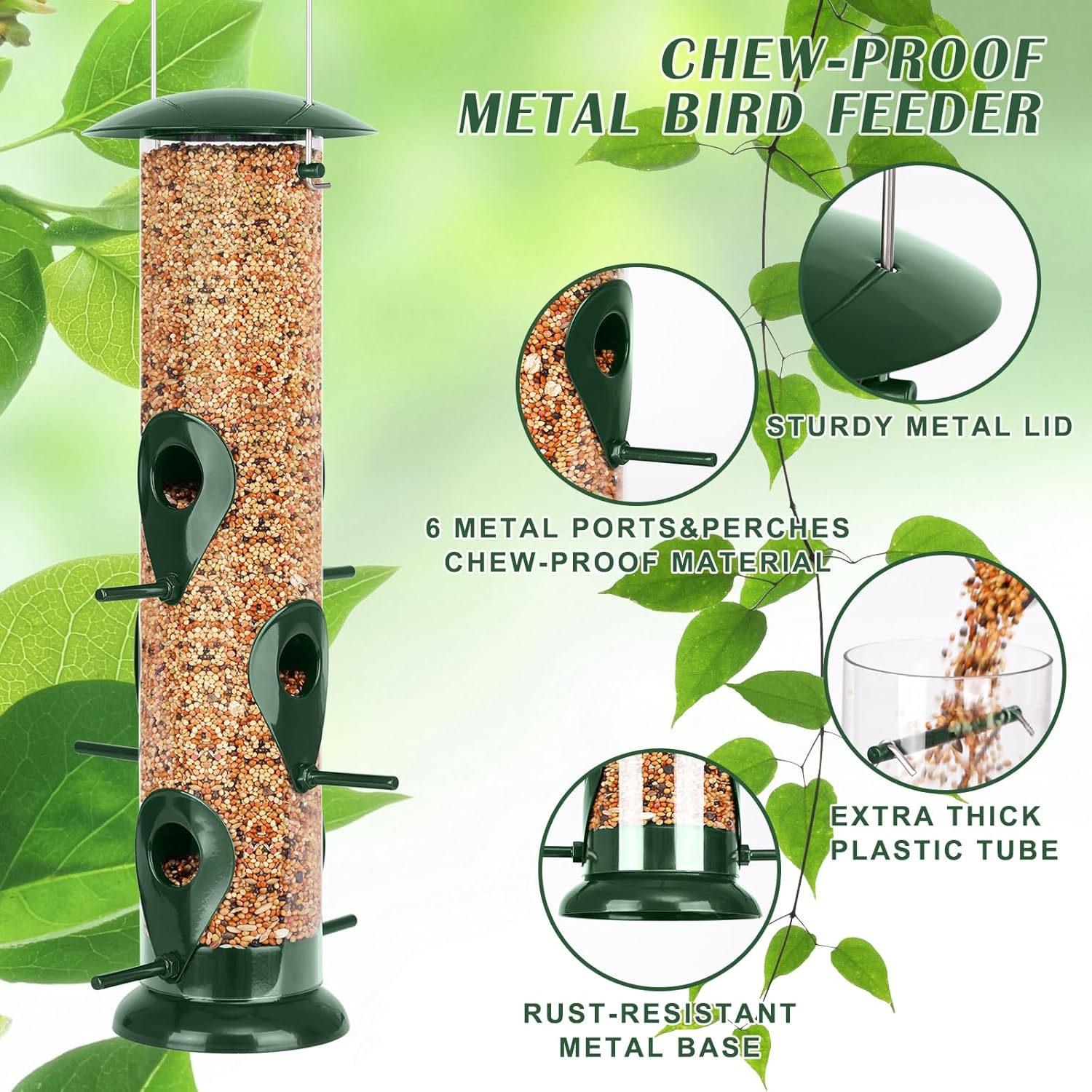 FEED GARDEN Metal Tube Bird Feeders for Outdoors Hanging, 6-Port Bird Feeder for Outside, Finch Feeders for Outside, Squirrel Proof Bird Feeders with Heavy Duty Metal Lid, Chew-Proof image number 6