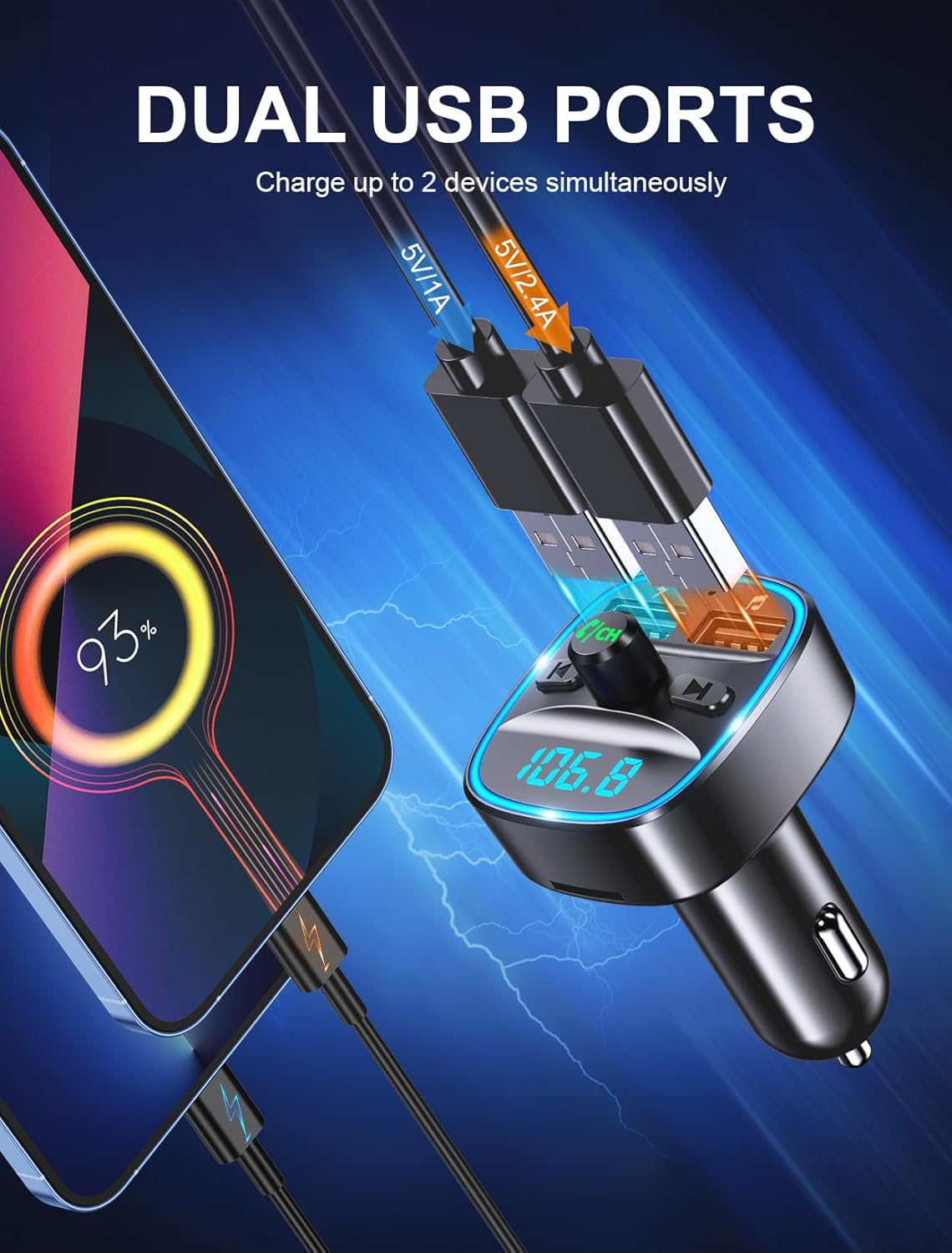 Mohard Bluetooth FM Transmitter for Car, Bluetooth Car Adapter MP3 Player FM Transmitter, Hands-Free Calling, Dual USB Ports (5V/2.4A & 1A), LED Screen, Support TF Card & USB Flash Drive