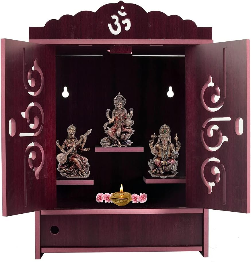 Praha Pooja Mandir for Home Wall Hanging MDF Wooden Temple with Door (Orange)