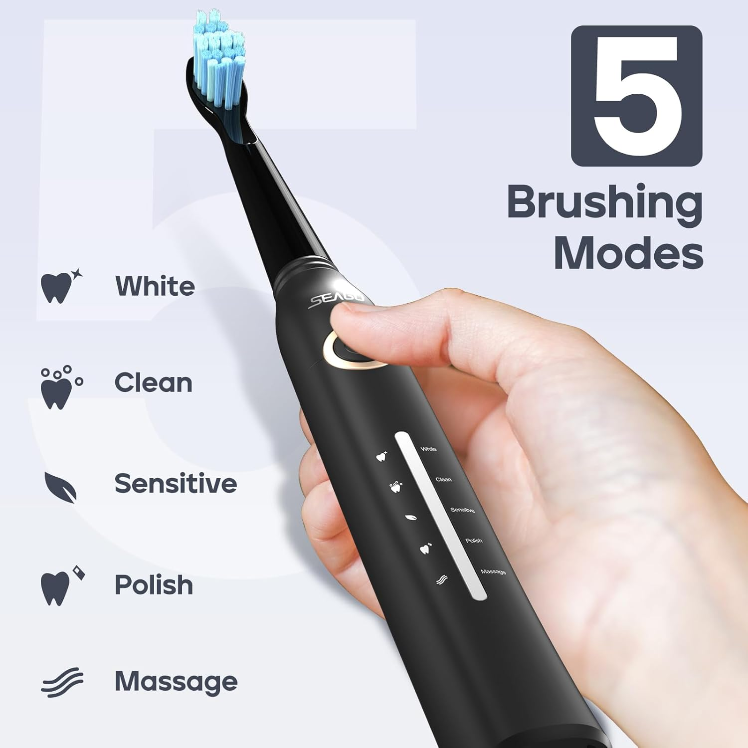 Seago Electric Toothbrush, Rechargeable Power Toothbrush with 8 Brush Heads, 5 Cleaning Modes with Teeth Whitening, 30 Days Battery Life - Ideal for Adults Kids, 40,000 Vpm, Sg-958 Black image number 2