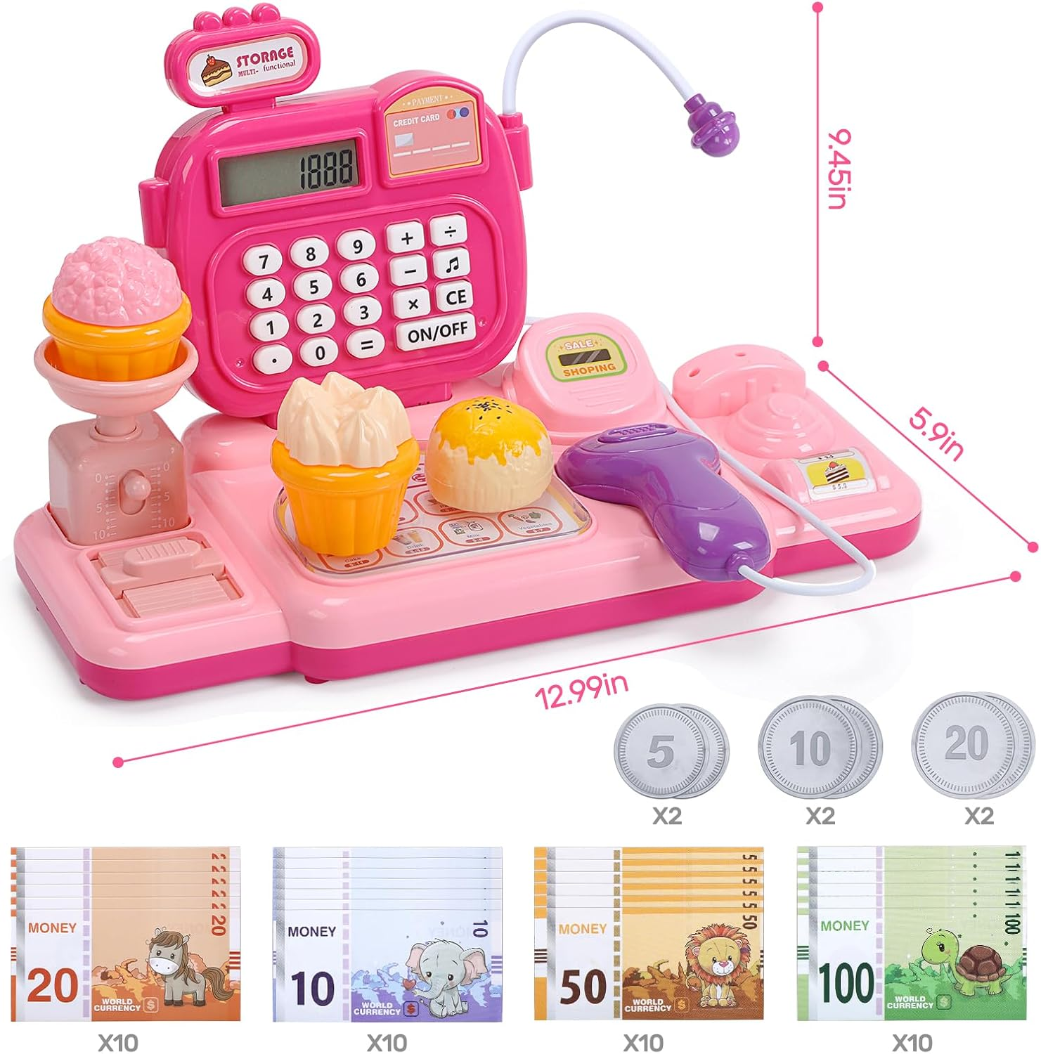 CUTE STONE Kids Toy Cash Register with Scanner & Play Food, Pretend Play Store Set with Real Calculator, Lights & Sounds， Interactive Play Cash Register for Toddlers Boys & Girls (Pink) image number 3