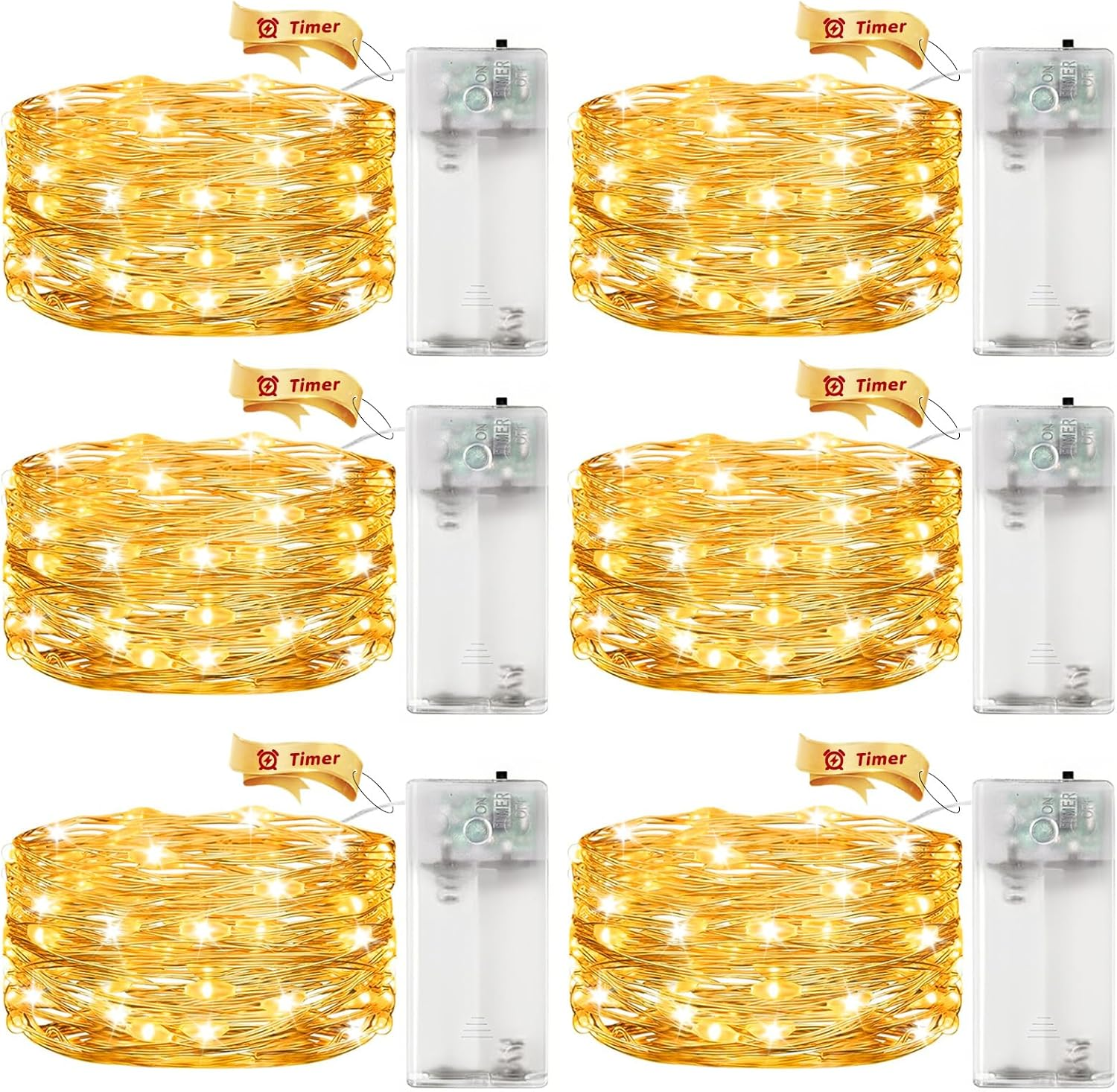 ALEGRE Pack of 6 LED Fairy Lights Battery with Timer, 3 M 30 LED Micro Copper Wire LED Fairy Lights with Timer, Warm White Fairy Lights Indoor Battery Operated for Christmas, Halloween, New Year'S Eve