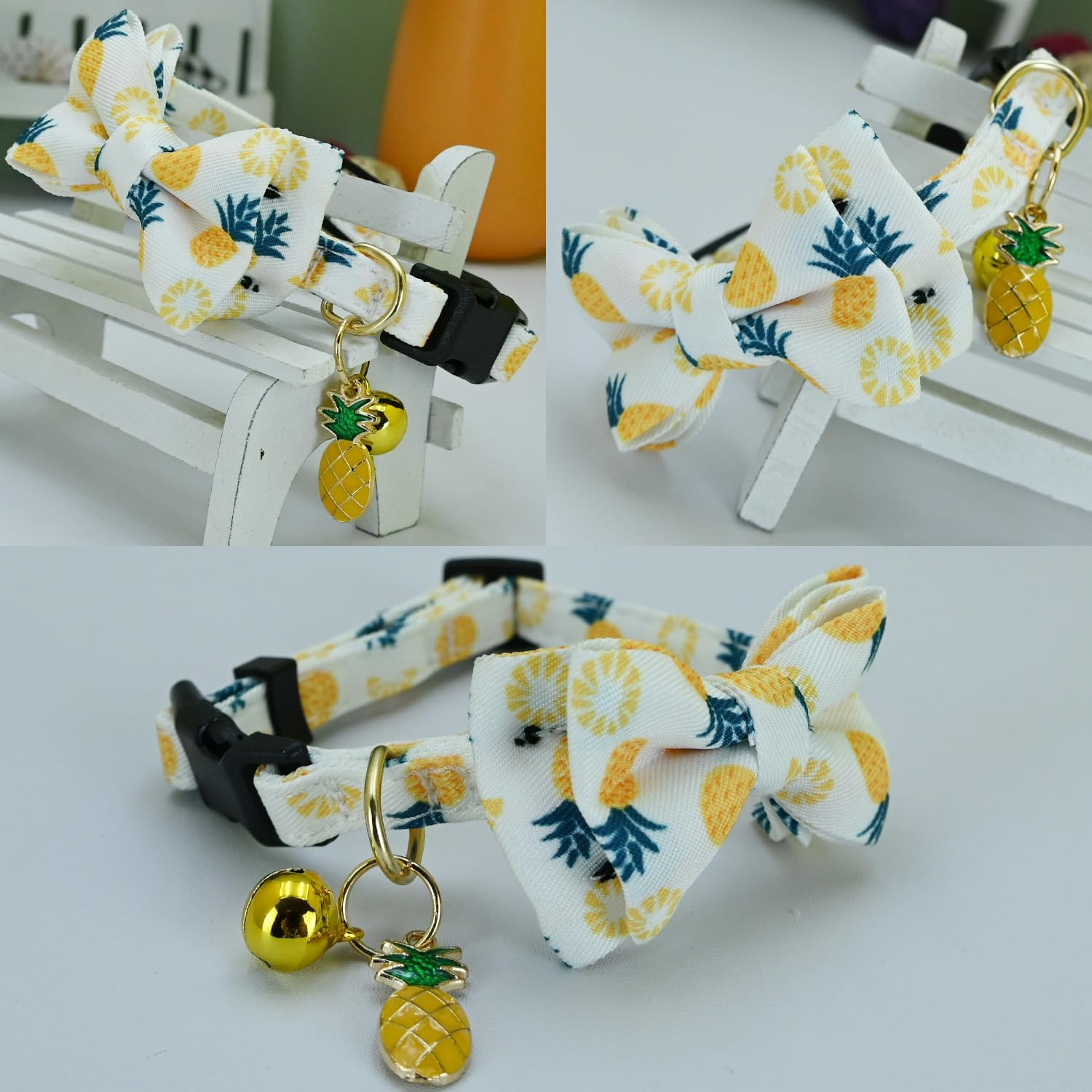 Newtensina Fashion 2 Pieces Cute Fruits Pattern Cat Collar with Lemon Watermelon Pineapple Pendant for Cats - Bluewhite image number 4