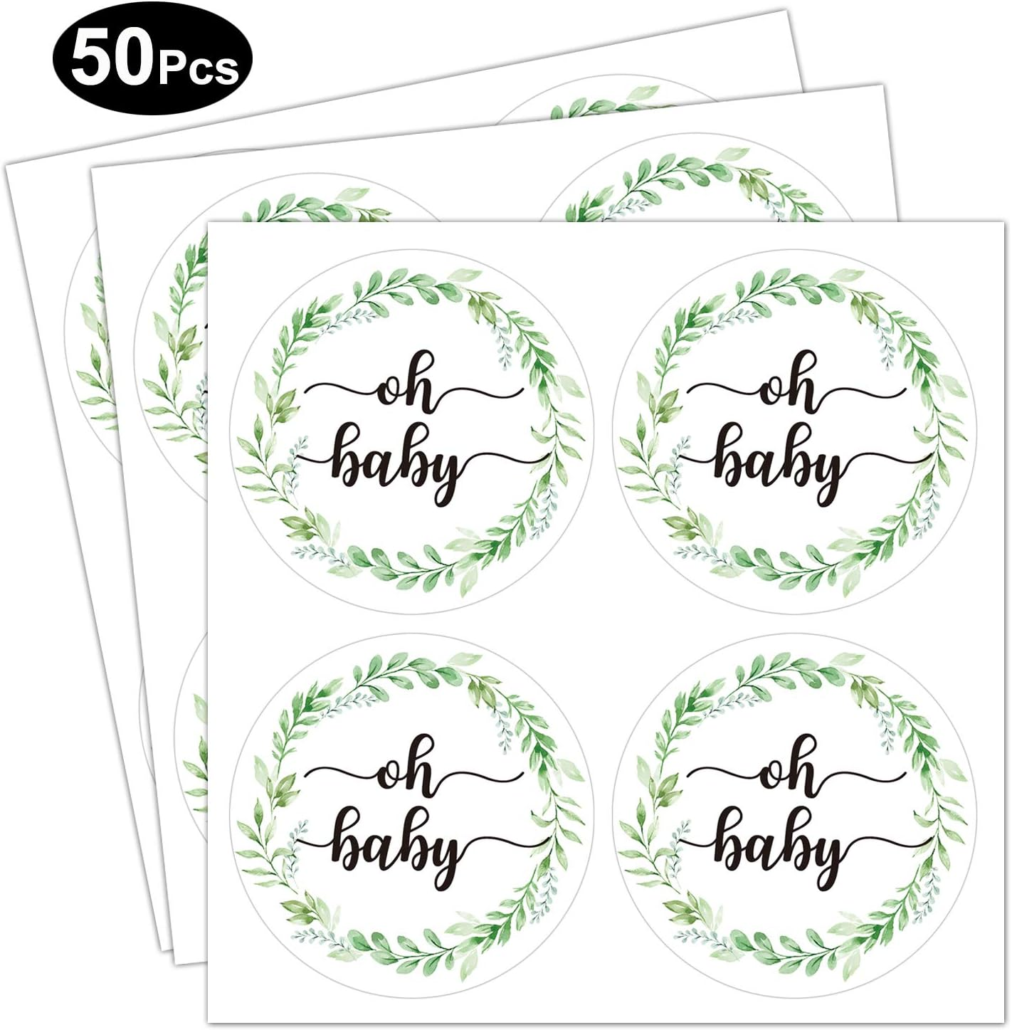 50 Pcs Greenery Baby Shower Thank You Labels, 2 Inch Oh Baby Stickers, Baby Gender Neutral Stickers, Baby Shower Favor Stickers, Thank You Stickers. image number 1