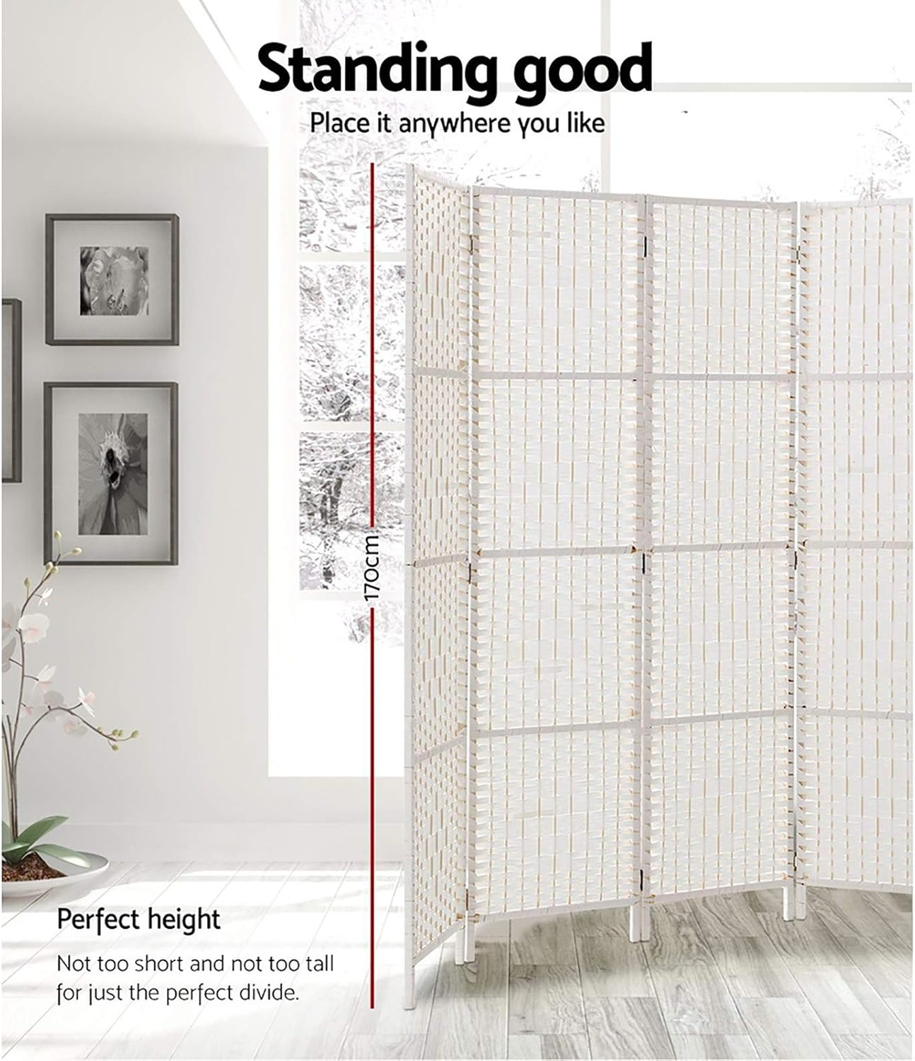 Artiss 4 Panel Room Divider, Folding Wooden Privacy Portable Screen Shelf Dividers Partition Wall Screens Home Pet Child Indoor Balcony Bedroom Furniture, Separator Water-Resistant White - Black image number 7