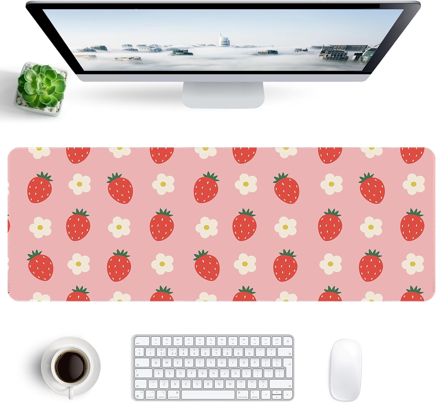 Cute Large Mouse Pad, Aesthetic Mouse Mat with Waterproof and Non-Slip Rubber Base,Gaming Mouse Mat for Daily Office,Home,Desk Pad Mat, 80Cm*30Cm*3Mm(31.5X11.9In), Xl,Pink Strawberry image number 5