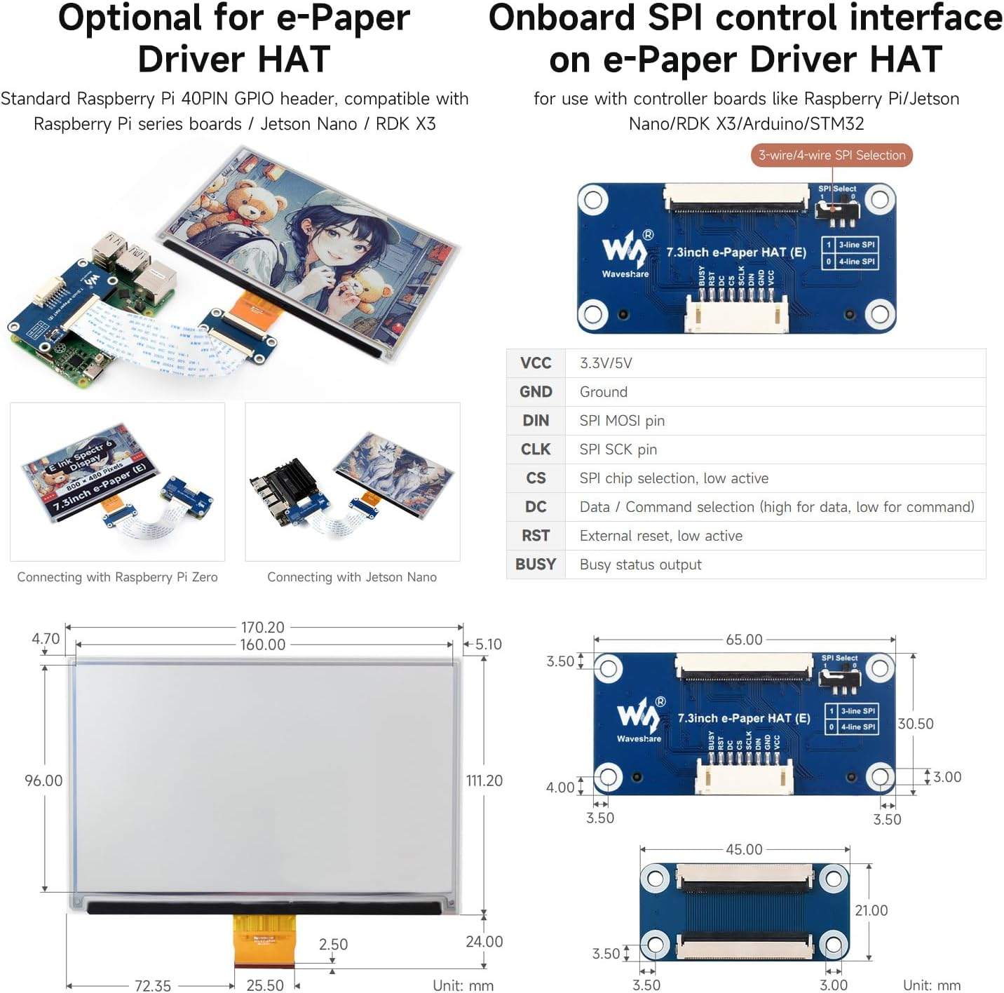 Waveshare 7.3Inch 6-Color E-Paper Display Module, Compatible with Raspberry Pi 5/4B/3B/Zero/Zero W/Zero 2W/Pico/Pico W/Pico WH, Support Jetson Nano/Jetson Orin Nano image number 1