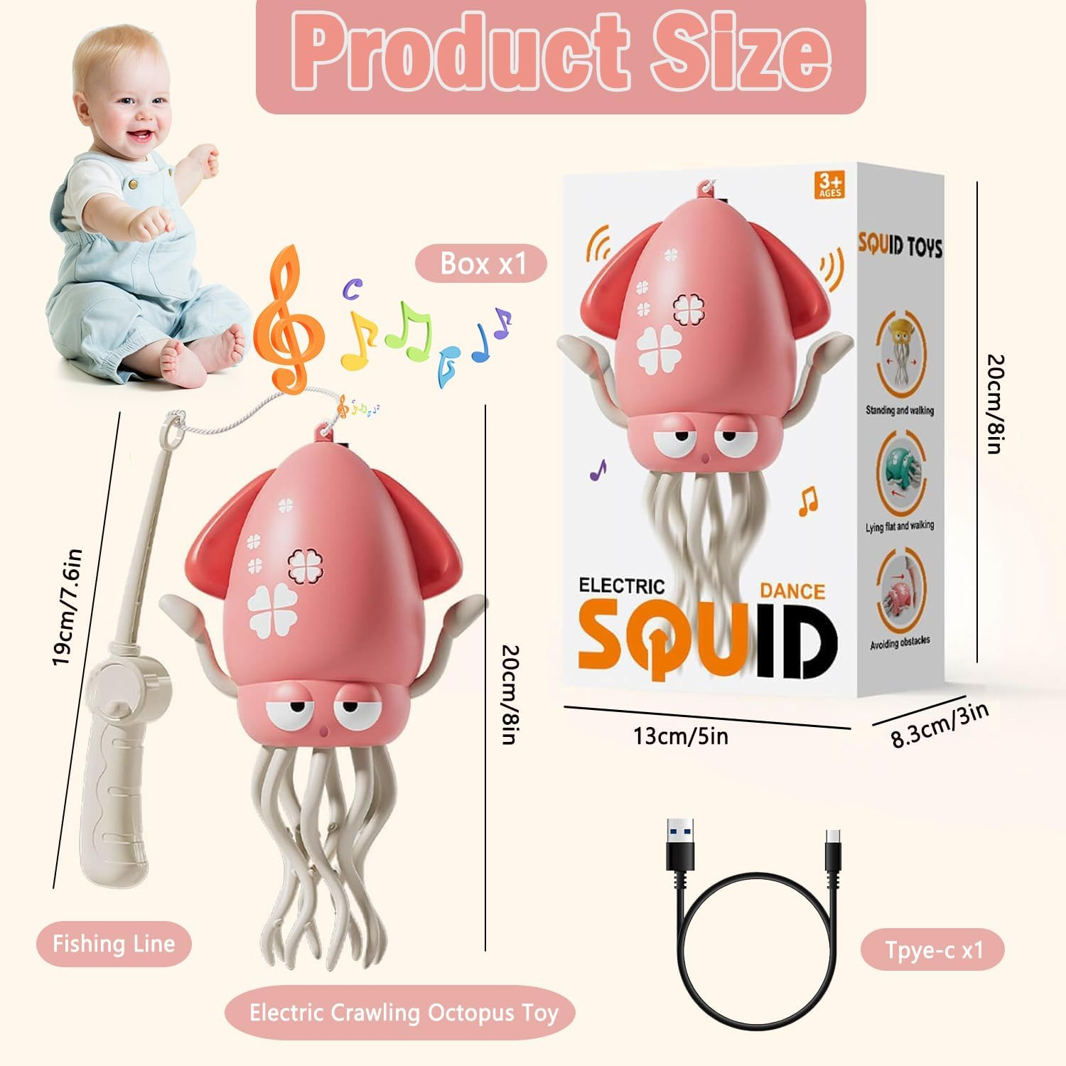 Electric Dancing Octopus Toy, Rechargeable Crawling Octopus Toys with Automatic Obstacle Avoidance, with Lights Music and Fishing Rod, Kid Crawling Toys Suitable for Tummy Time (Pink) image number 5