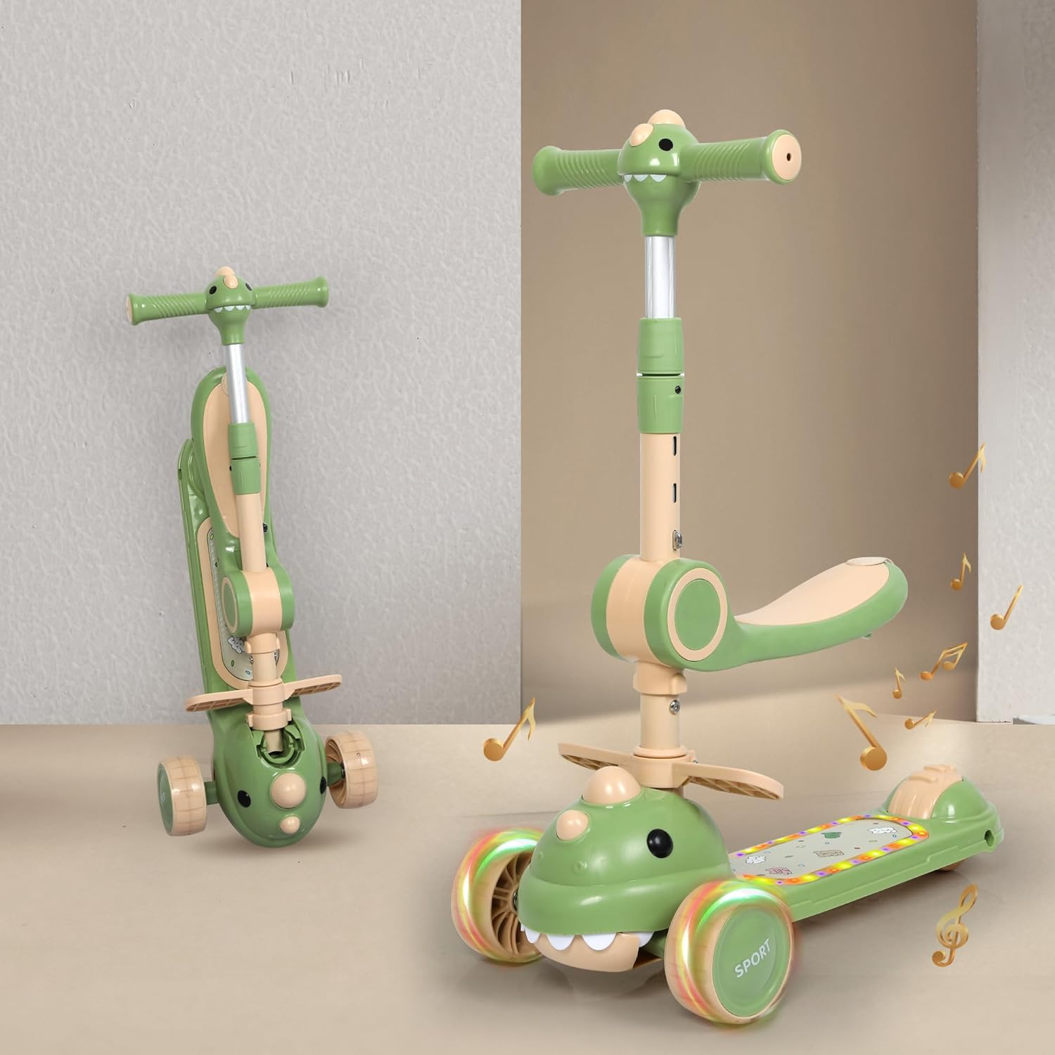 Bopeep 3 Wheeled Kids Scooter, Lean to Steer Foldable Kick Scooter Flashing LED Lights for Boys/Girls, 3 Height Adjustable Handlebar, 3-8 Years Old, Toddler Scooter with Flip-Able Seat, Music