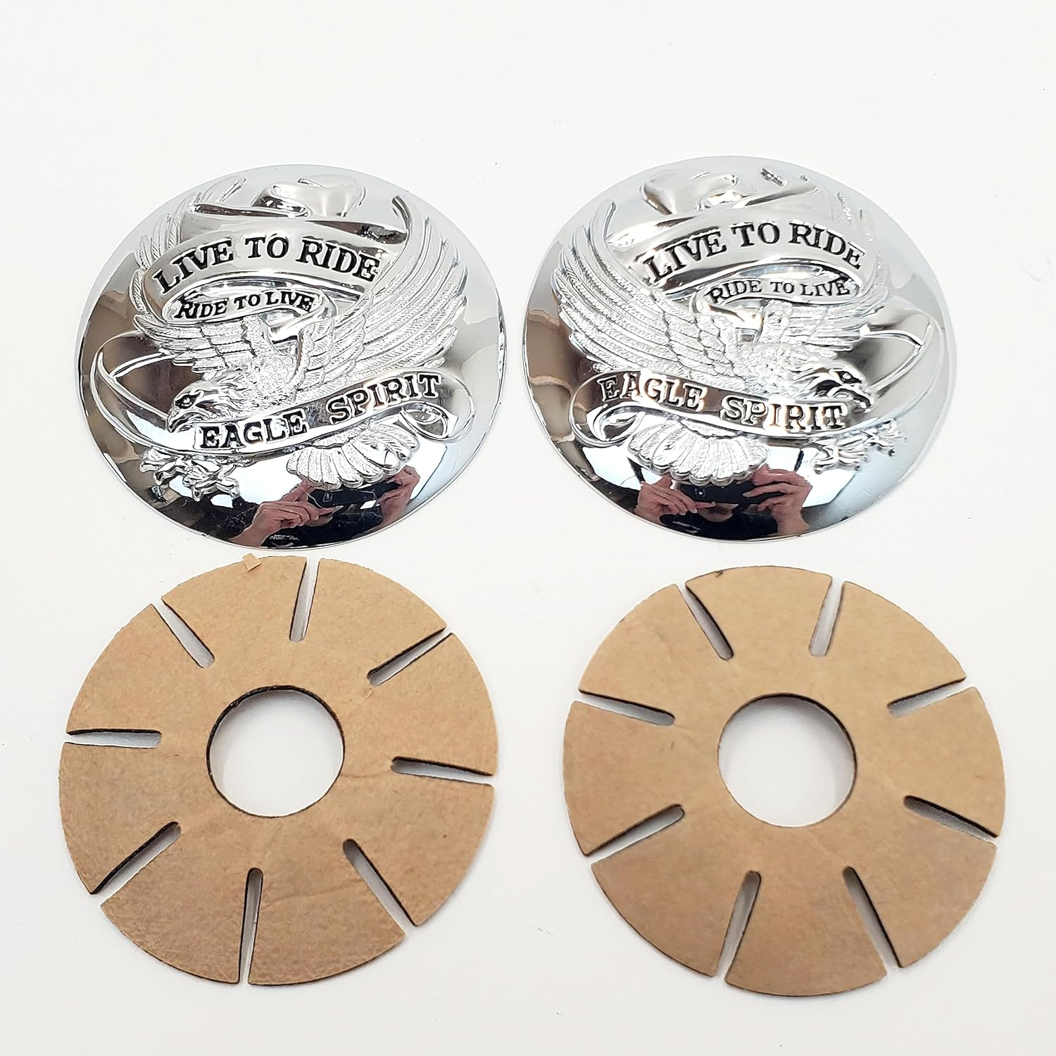 &ldquo;Live to Ride, Ride to Live&rdquo; Eagle Spirit Chrome Domed Gas Cap Covers with Adhesive Backing for 1973-2023 OE Style Harley Gas Caps (SOLD as a PAIR - Left & Right) 2-7/8&rdquo; Diameter image number 3