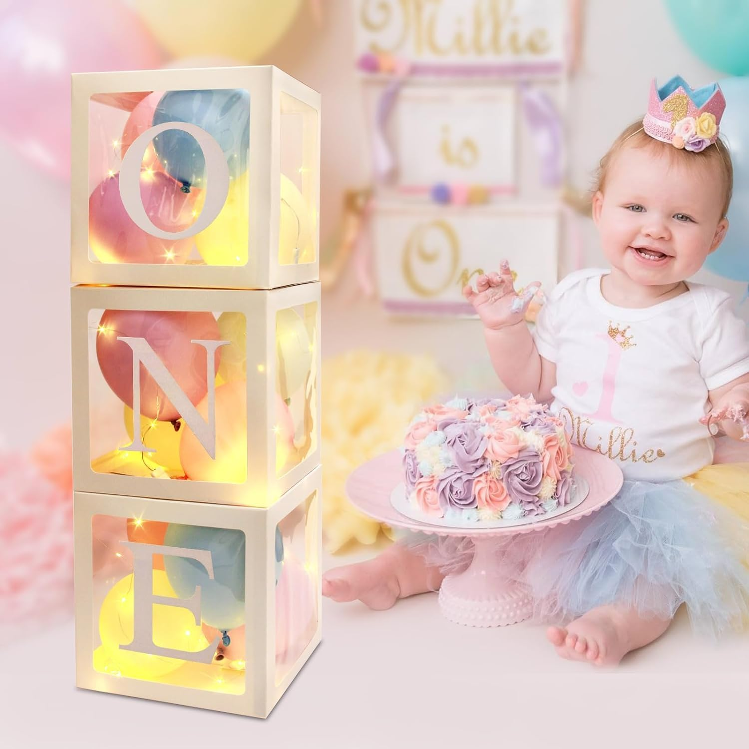 One Boxes for 1St Birthday 3PCS Balloon Boxes Decorations for Baby Shower Clear Blocks with ONE Letters for First Birthday Party Backdrop Photoshoot Props image number 1