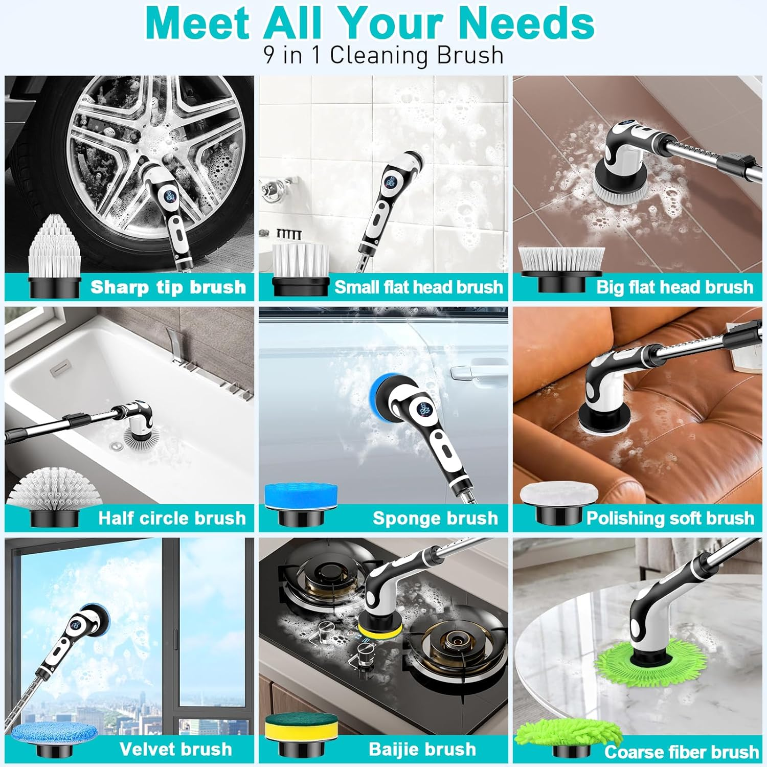 Electric Spin Scrubber, Voice Digital Display IPX7 Waterproof Handle Electric Cleaning Brush with 9 Replaceable Heads, Upgraded Extension Handle for Bathtub, Tile, Floor image number 3