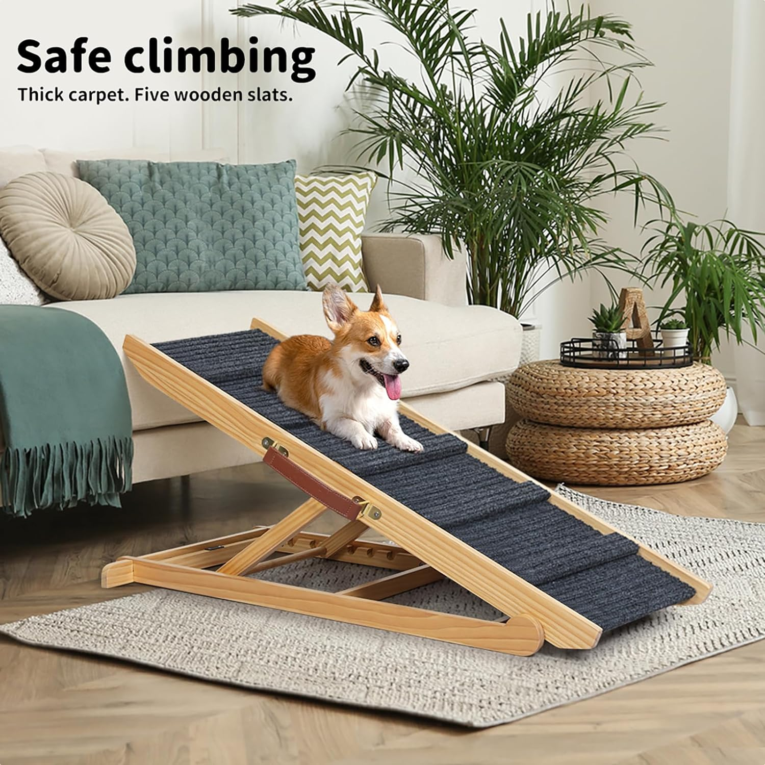 Pawz 100Cm Pet Ramp for Bed,5 Adjustable Height Dog Stair for Couch,Dog Ramp for High Bed Small Large Dog, Natural Wooden Folding Portable Cat Ramp Sofa，Non Slip Carpet Surface,Pu Handle,90Kg Capacity image number 1