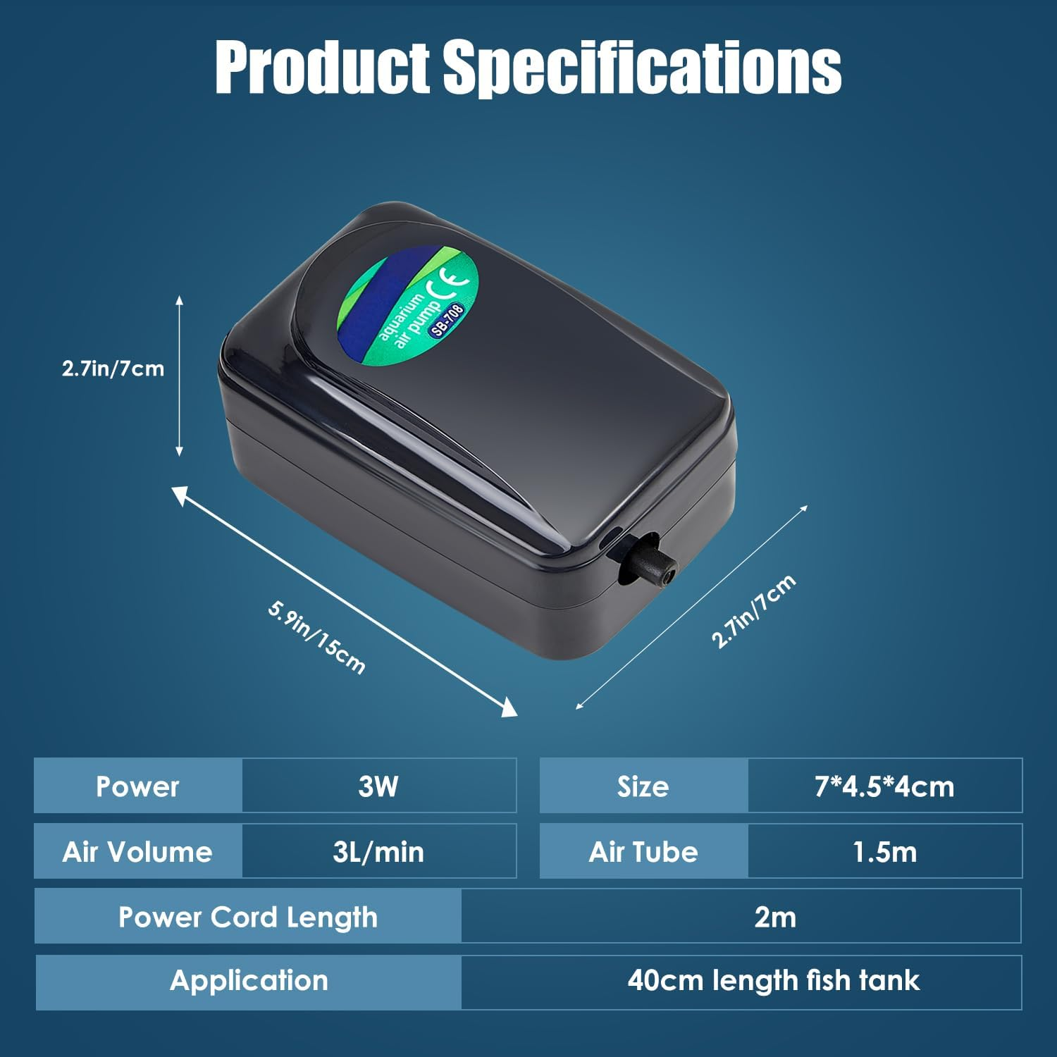 Zingbabu Aquarium Air Pump, 3W Quiet Oxygen Aerator Pump with Air Stone Airline Tubing and Check Valve, Adjustable Aerator for 40CM Fish Tank