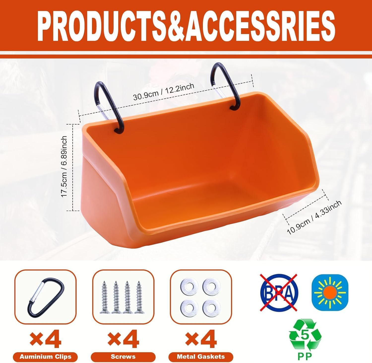 Fence Hanging Chicken Feeder - 2 Pack Feed Trough with Clips for Goat Duck Sheeple Horse Goose, Pig Poultry, Chicken Feeder Bucket Feeding Container (Orange) image number 4
