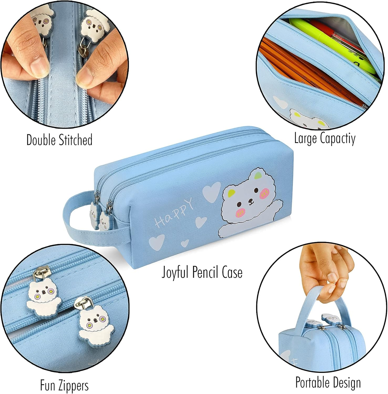 Wittysilly Cute Bear Pencil Pouch for Boys, Kawaii Large Capacity Blue Pencil Case, Stationery Organizer Bag, High School College Pen Case, Office Supply Case Organizer (Sky Blue) - Mint Green image number 5