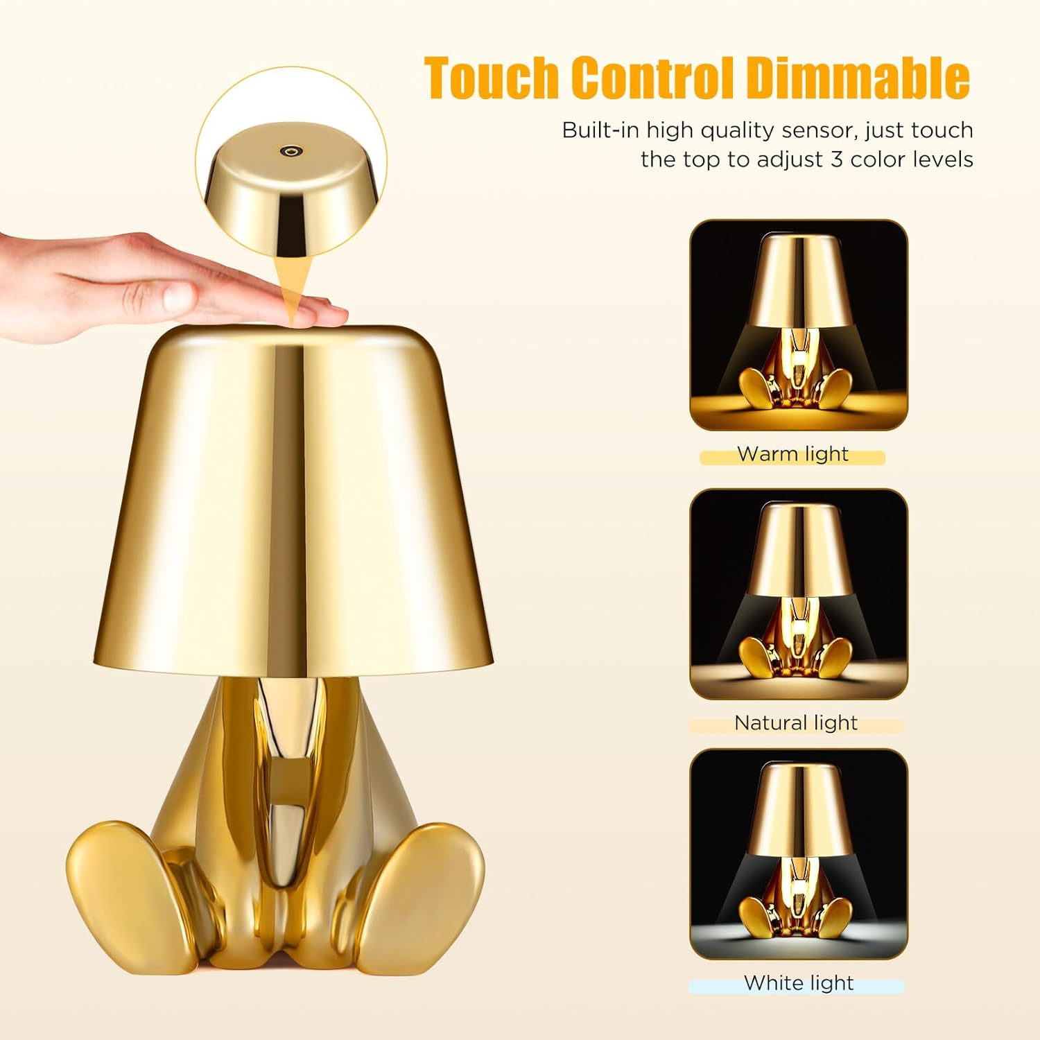 Blingbin Bedside Touch Control Table Lamp, Creative Golden Man Decorative Thinker Statue LED Desk Lamp, USB Charging 3 Level Brightness Dimmable Night Light for Bedroom Office Living Room Decor Gift - F image number 7