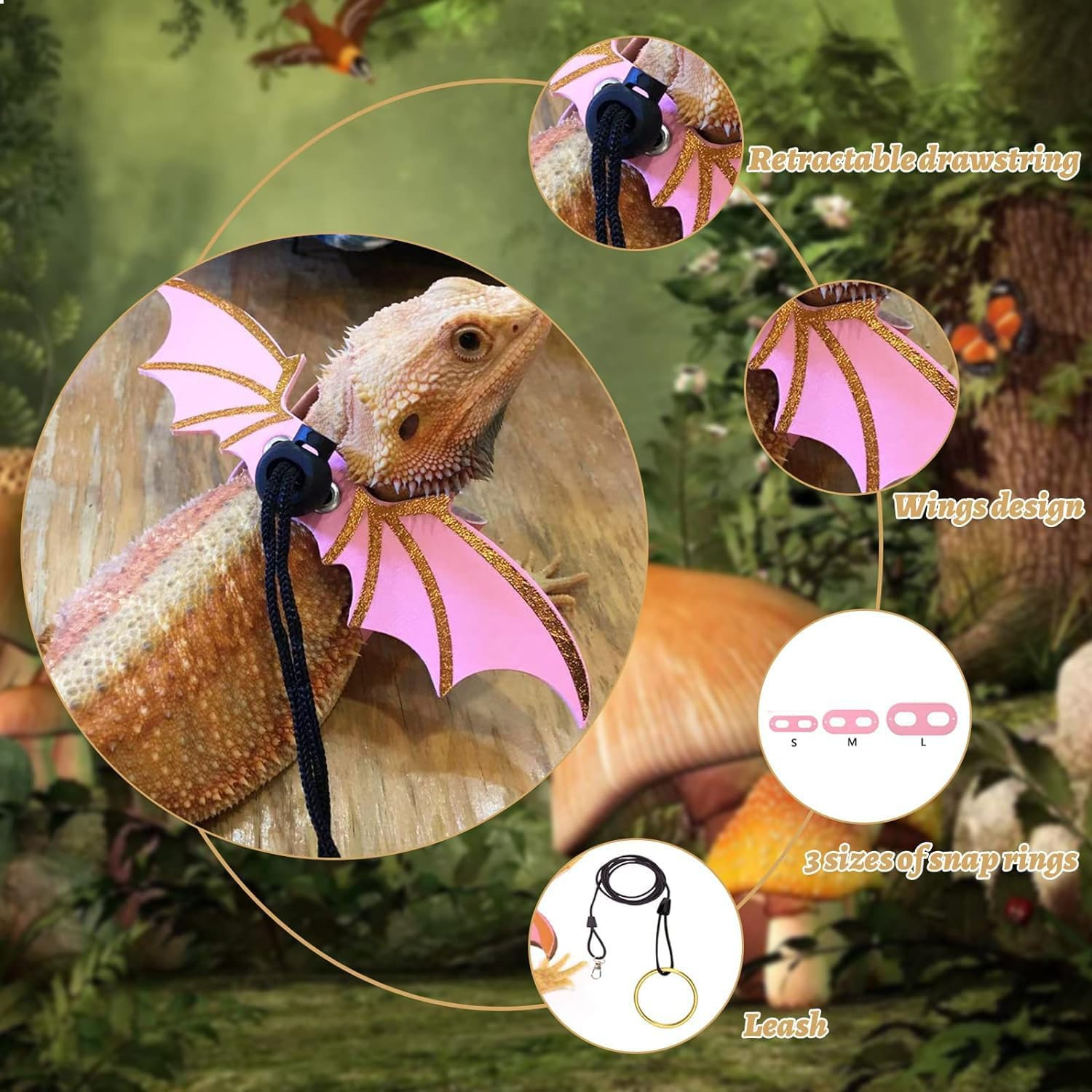 Bearded Dragon Lizard Leash Harness - Burgundy Bearded Lizard Winged Harness and Lead, Adjustable 3 Size Pack Burgundy Bearded Lizard Dinosaur Wing Harness Leash with Leader (Pink) image number 2