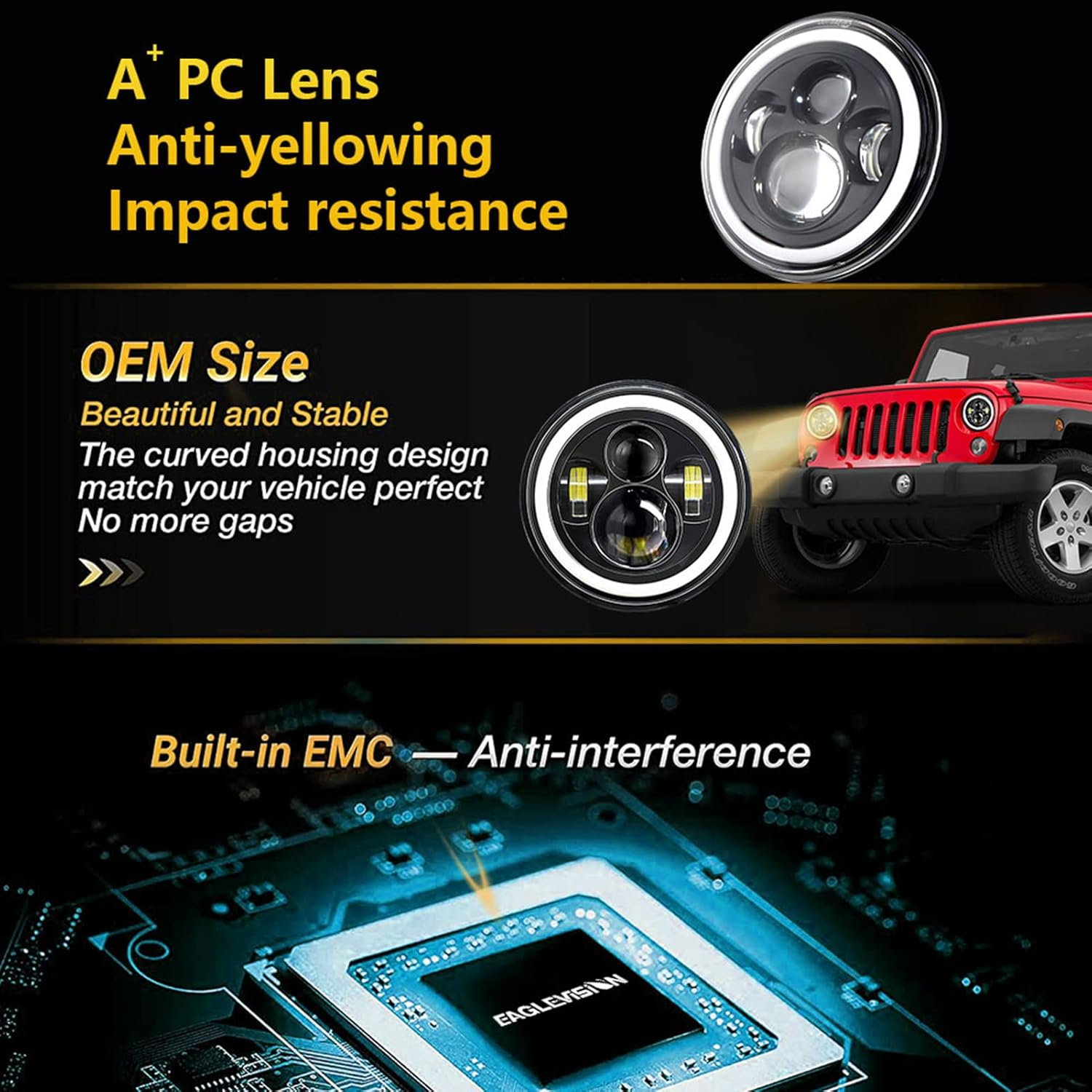 Aumotop 7 Inch round Jeep Led Headlights, 7'' High Low Beam Headlight Cars Halo Light,Angel Eyes DRL Amber Turn Signal Lights Compatible with Jeep Wrangler JK TJ LJ Hummber H1 H2 Motorcycle image number 2