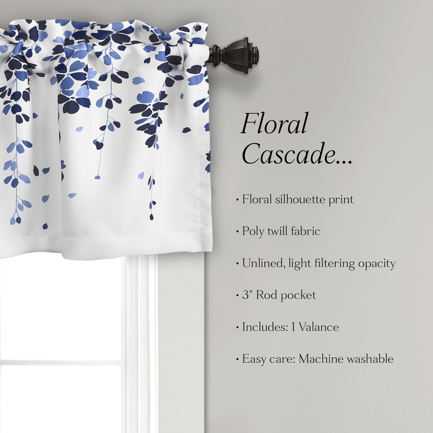 Lush Decor Weeping Flowers Window Valance for Kitchen, Living, Dining Room, Bedroom, Valance, Navy & Blue