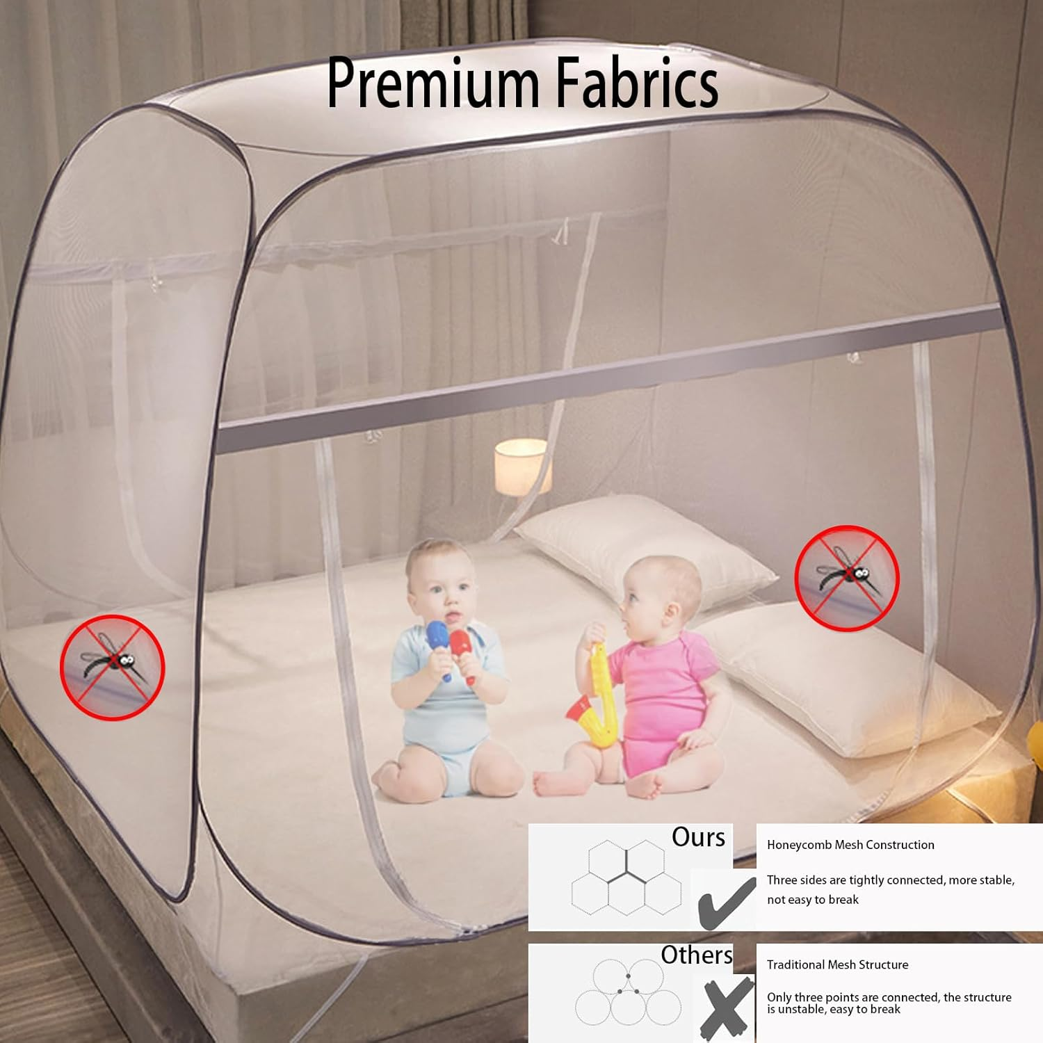 CMINGJ Mosquito Net for Bed, Portable Pop up Mosquito Netting with Bottom, Free Installation-Suitable for Bedroom, Camping, Folding Portable Design for Baby Adults (Gray- L87 X W79 X H61) - Gray  Gray Bottom Edge image number 7