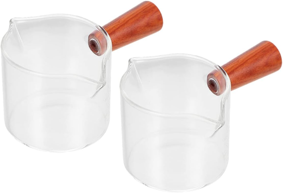 Baluue 2Pcs Double Spout Espresso Measuring Cups Wooden Handle Glass Milk Jars for Coffee Pouring and Precision Measurement image number 5