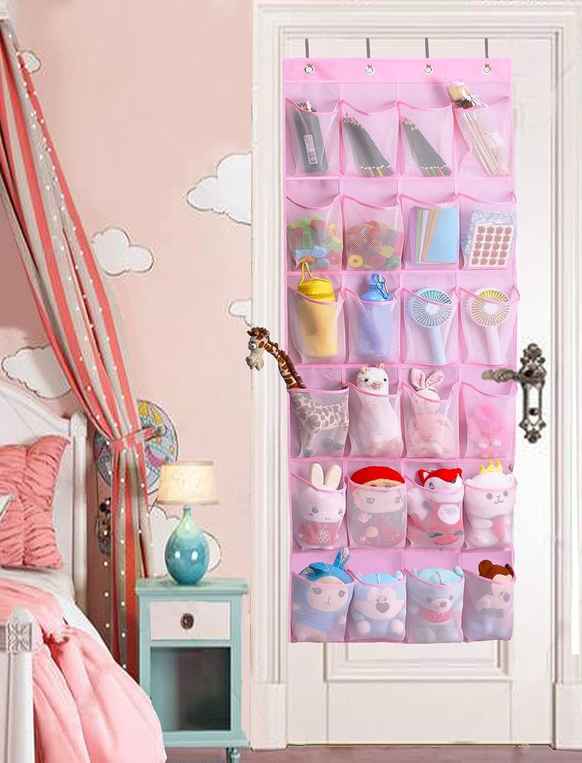 MISSLO Kids Shoe Organizer Pink Room Decor for Bedroom Door Hanging Baby Closet Storage over the Rack Breathable 24 Large Mesh Pockets for Toddler Girl - Pink image number 6