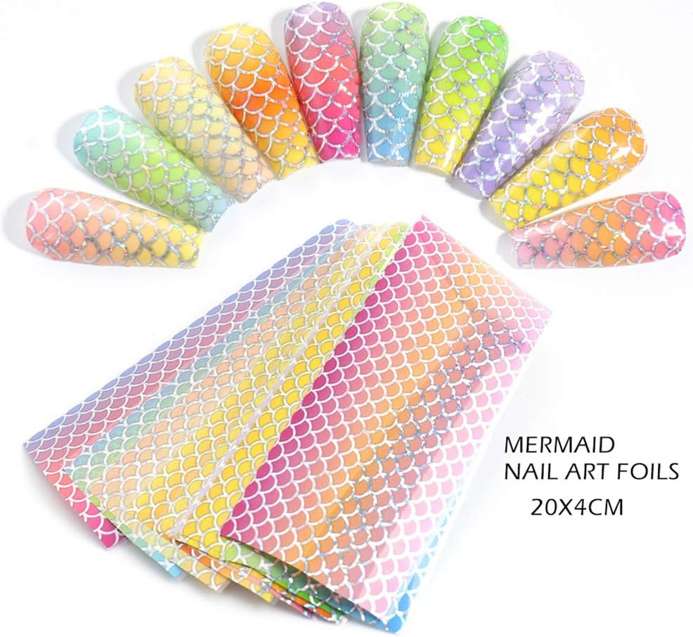 10Rolls Holographic Nail Foil Transfer Stickers Mermaid Laser Foils Nail Art Supplies Starry Paper Designs for Acrylic Decorations Women DIY Nail Arts Manicure Wraps Charms