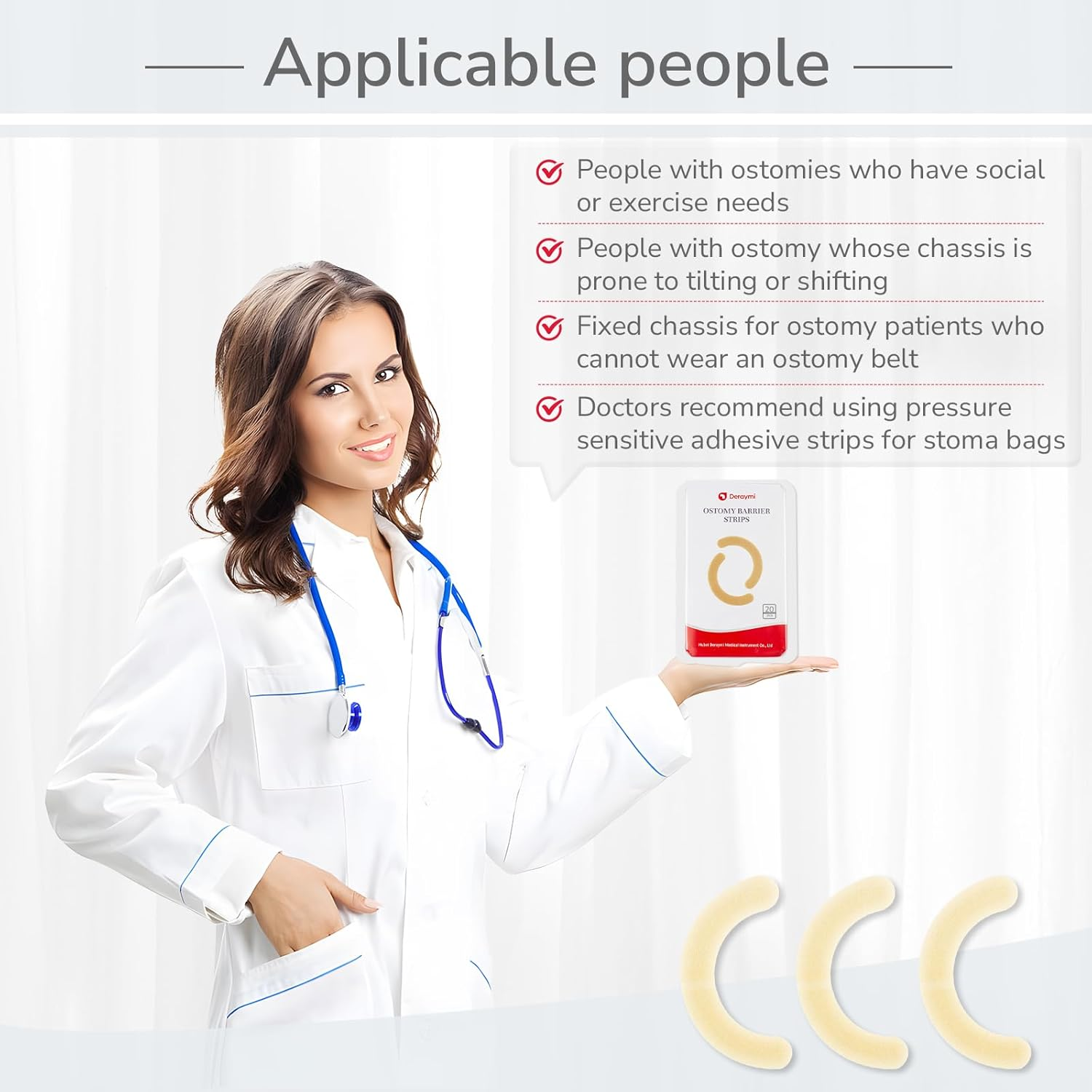 DERAYMI 20 Pack Ostomy Barrier Strips, Elastic Colostomy Film Tape to Stop Leaks, Latex-Free Medical Grade Hydrocolloid Skin Flange Extenders Stoma for Colostomy Ileostomy Bags Pouches image number 4