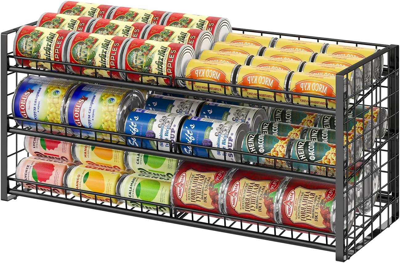 3 Tier Stackable Can Rack Organizer for Pantry Shelf, Adjustable Extra-Long Can Holder for Kitchen Storage, Sturdy Standing Rolling Can Dispenser for Canned Food Goods Drink Soup up to 96, Black image number 6