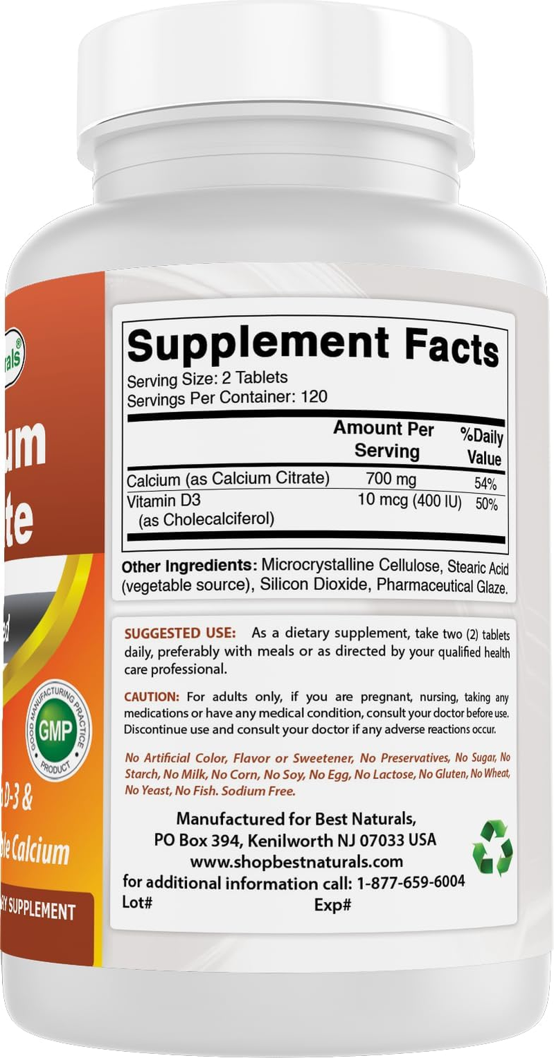 Best Naturals Calcium Citrate with Vitamin D-3 240 Tablets (240 Count (Pack of 2)) image number 4