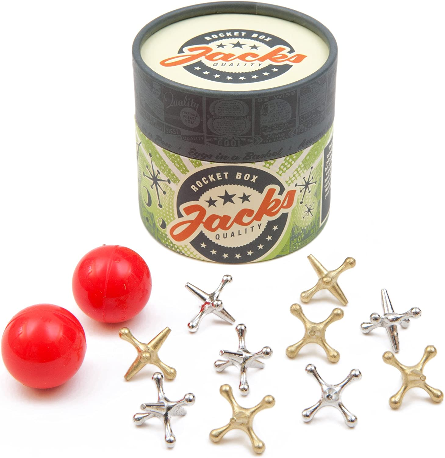 Rocket Box Jacks Game: Retro, New Vintage, Classic Game of Jacks, Gold and Silver Toned Jacks, Two Red Bouncy Balls and Set of Instructions, Fun for Kids and Adults of All Ages. image number 5