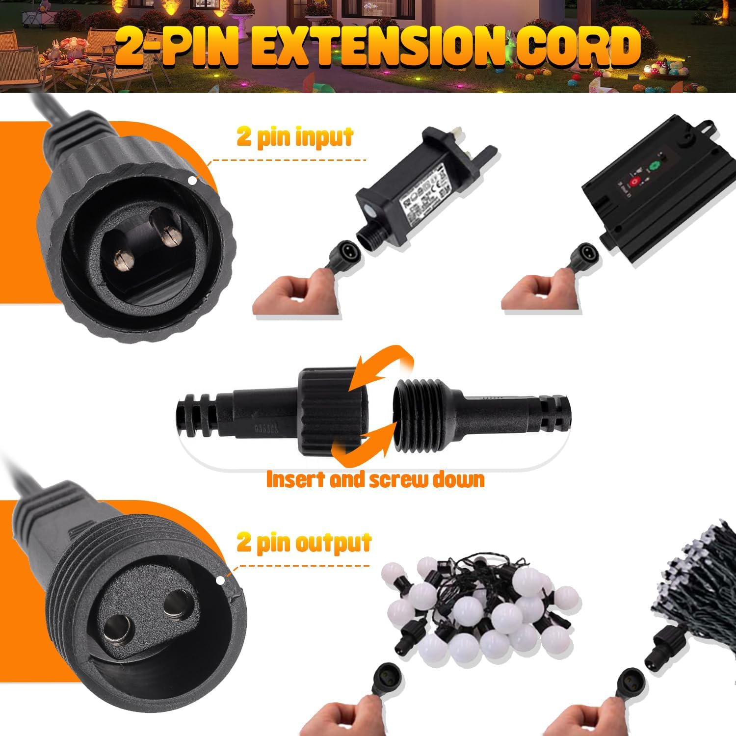 HUAREW 5M Y Extension Cable for Christmas Lights, 2 Pin Extension Cable with Male and Female Connector for Outdoor String Lights G40, Ice Cube Lights, Garden image number 4