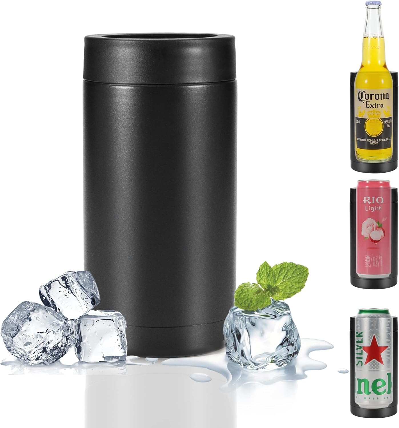 Beer Can Cooler, 16Oz Stainless Steel Double Wall Insulated Can Cooler, Beer Bottle Holder, Bottle or Tumbler for Slim Beer & Hard Seltzer Cans, Gifts for Beer Lovers (Black)