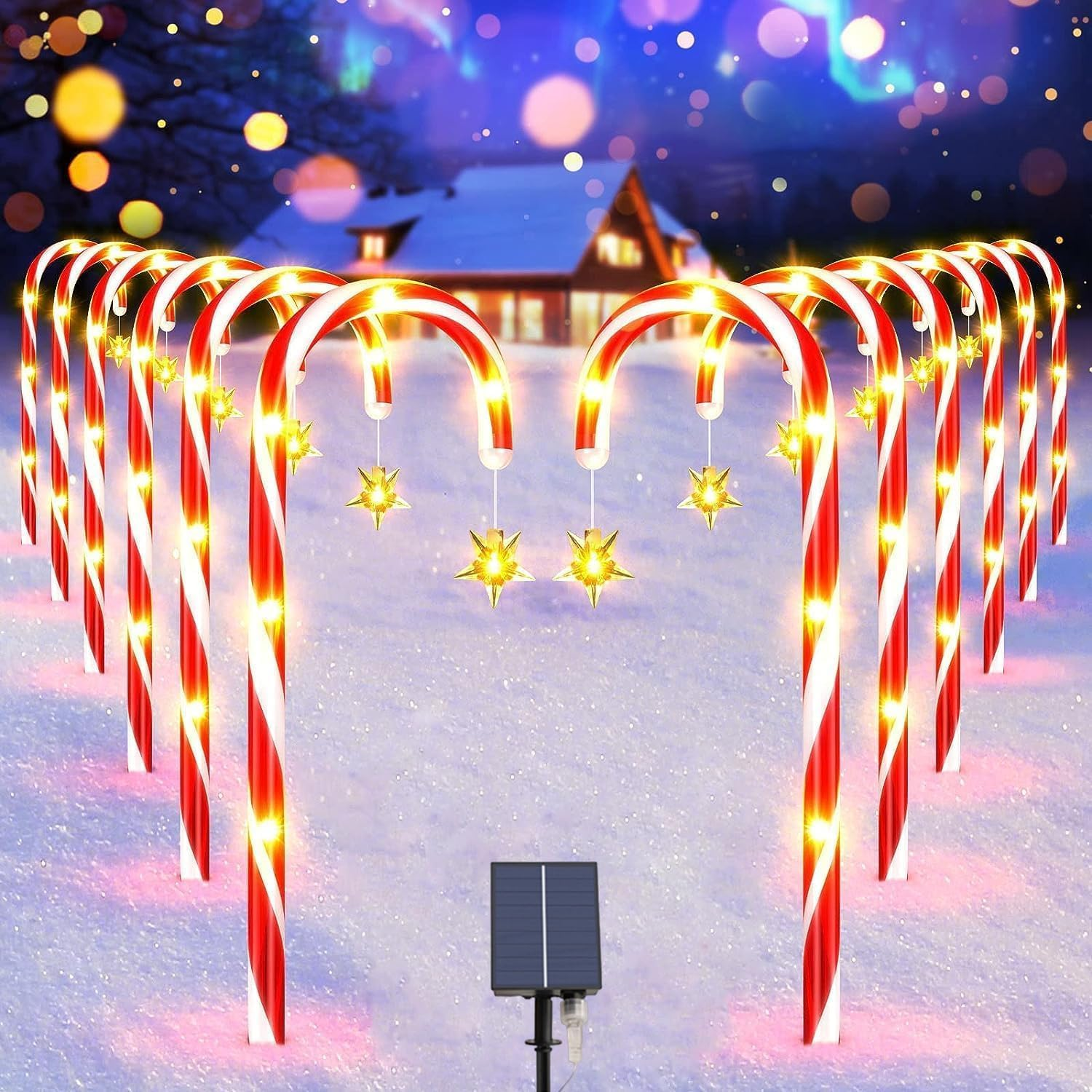 YUTONG 12 Pack Christmas Decorations Outdoor Solar Candy Cane Lights, Upgraded Solar Pathway Markers Lights with Star,8Modes Outdoor Christmas Decorations for Walkway, Garden, Lawn, Yard (12) image number 5