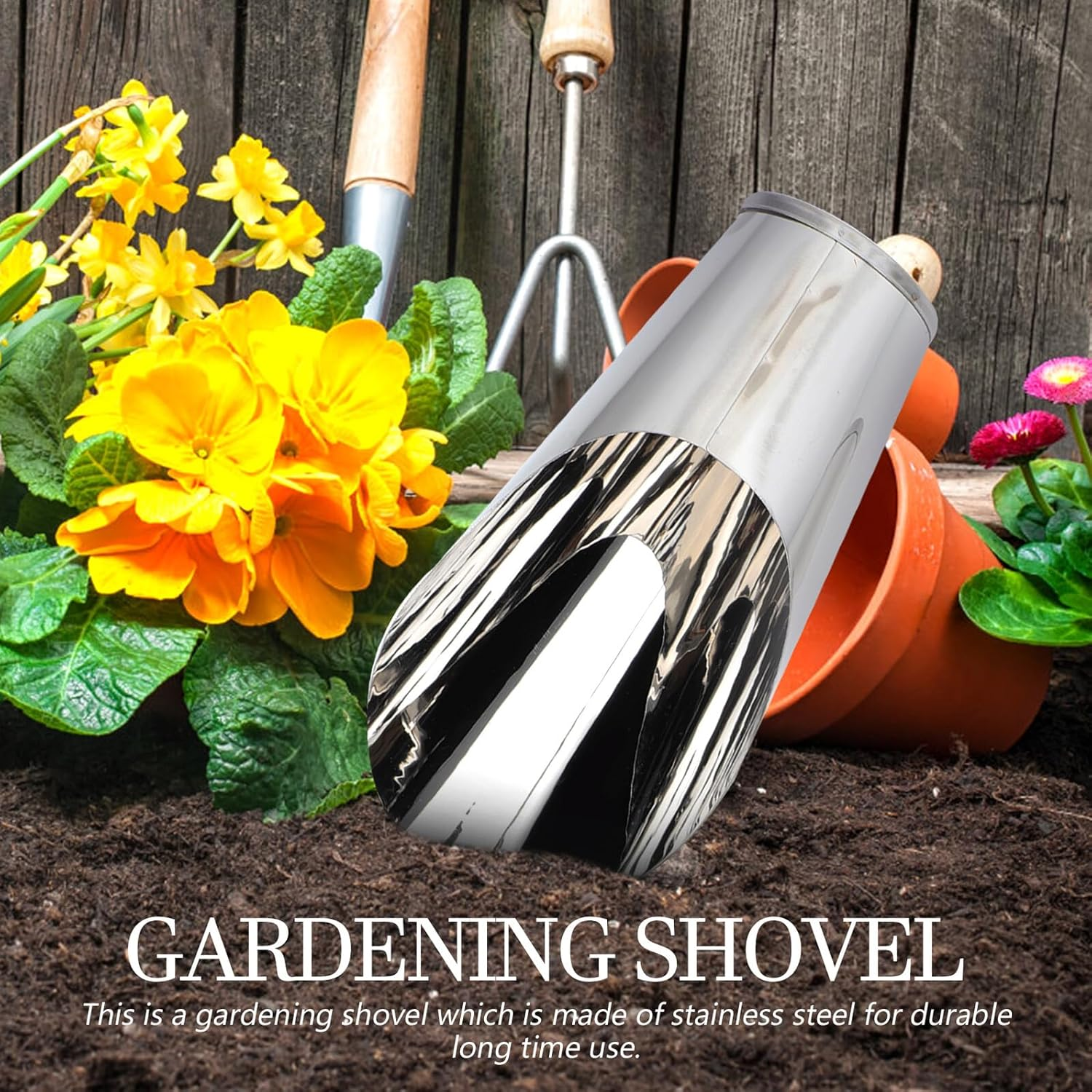 SHINEOFI Stainless Steel Bucket Scoop Gardening Handheld Soil Shovel for Planting and Transplanting, Large Planting Spoon Tool for Flower Pots and Garden Soil Digging image number 5