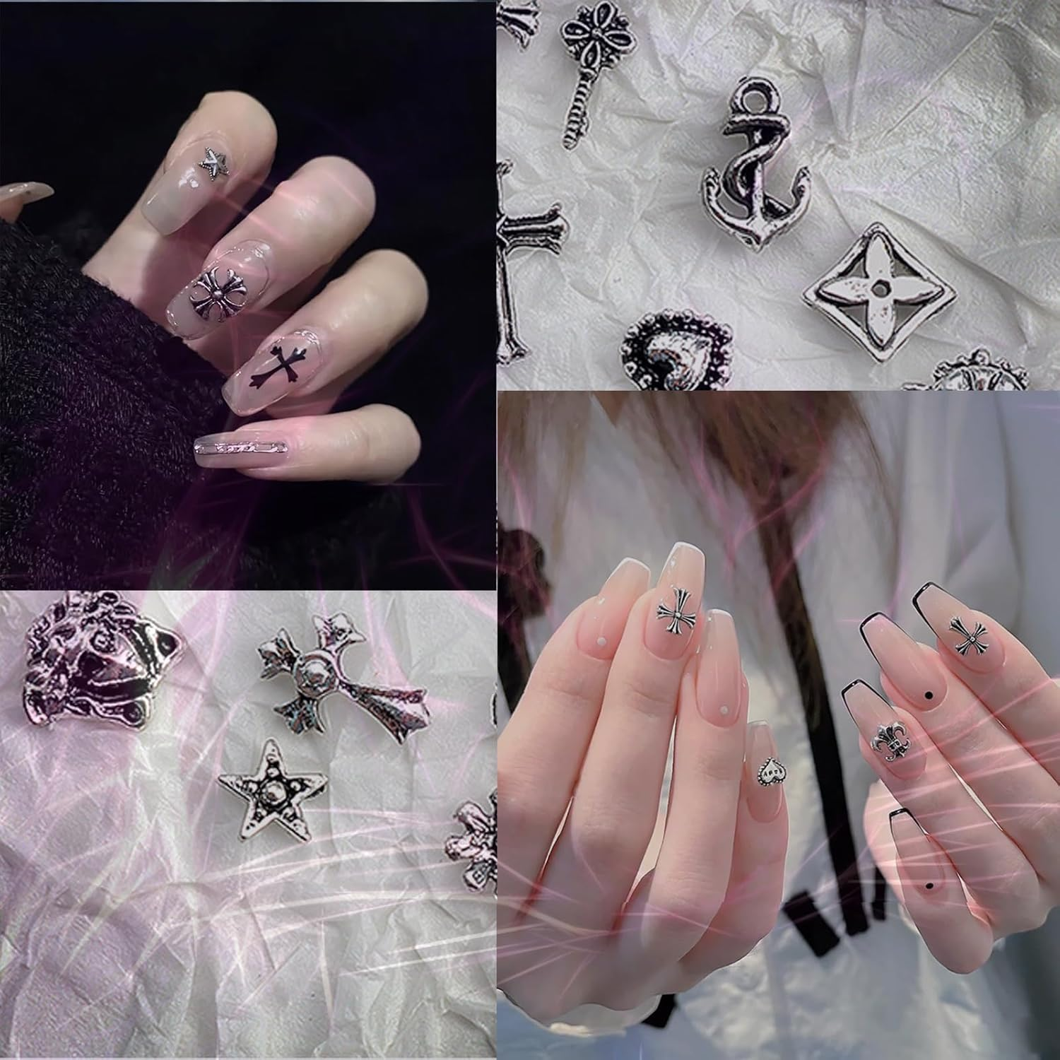 80Pcs Leeneen Silver Metal Cross Nail Charms for Nails Design,Y2K 3D Chrome Nails Art,Vintage Alloy Cross Heart Skull Acrylic Charm for Women, Halloween Nail Supplies (L1) - L2 image number 4