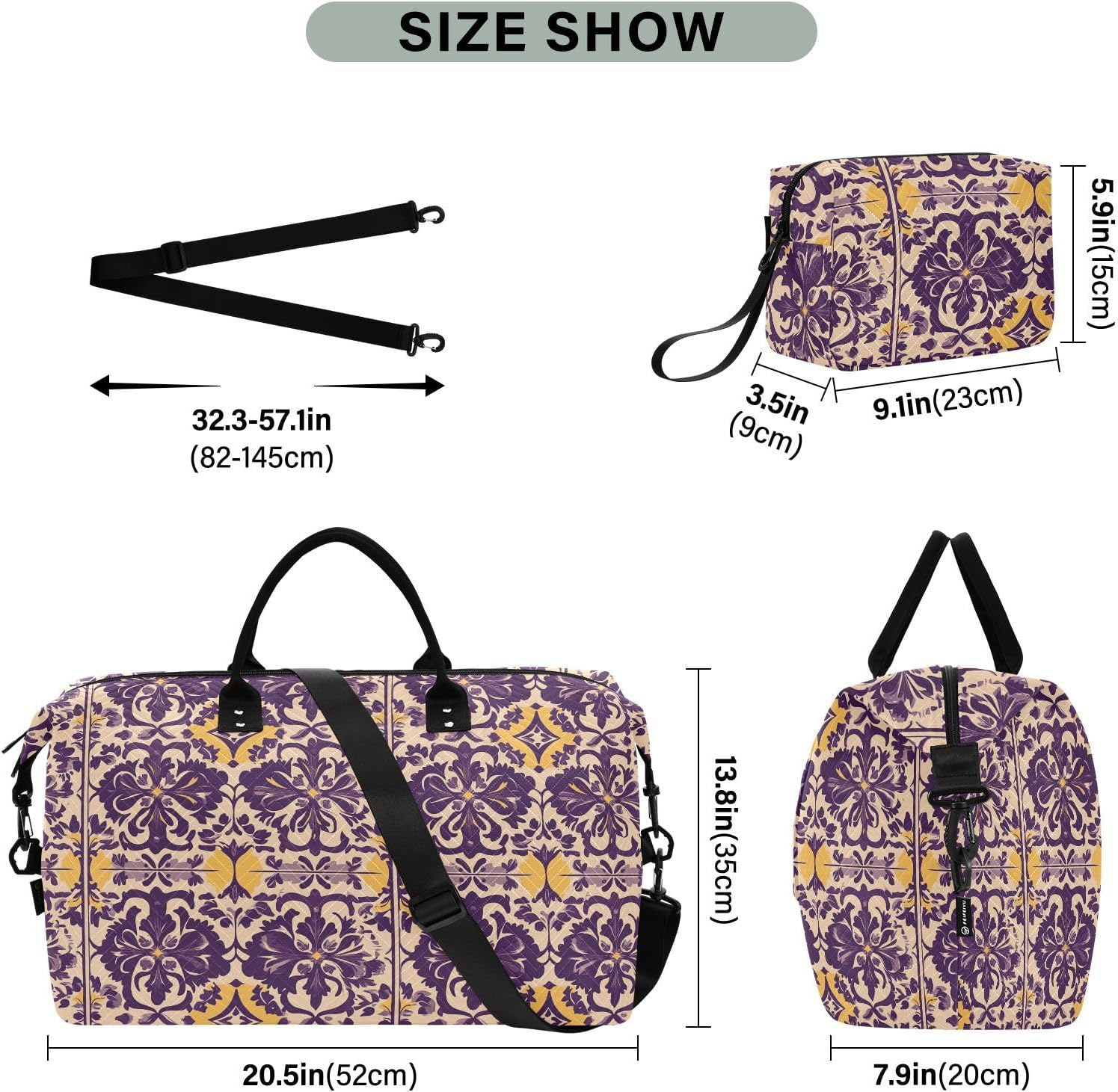 Travel Bag Travel Weekender Gear Bag Travel Tote Gym Bag with Adjustable Strap for Sports Multifunctional, Country Style Flower Pattern Purple and Yellow image number 5
