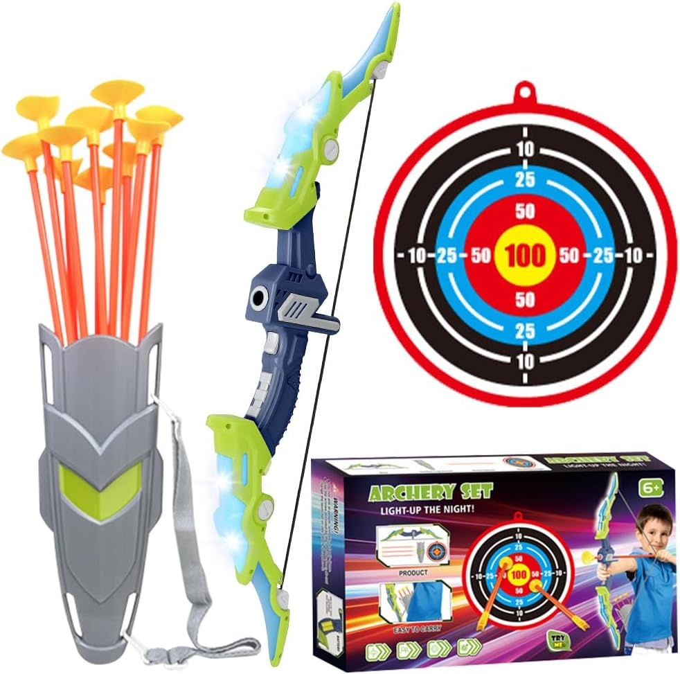 AUTOWT Bow and Arrow Toys with LED Light up Archery, Indoor Outdoor Activity Toy Play Set with 10 Suction Cup Arrows, Target & Quiver for Kids Boys Girls 4 5 6 7 8 9 10+ (Green)