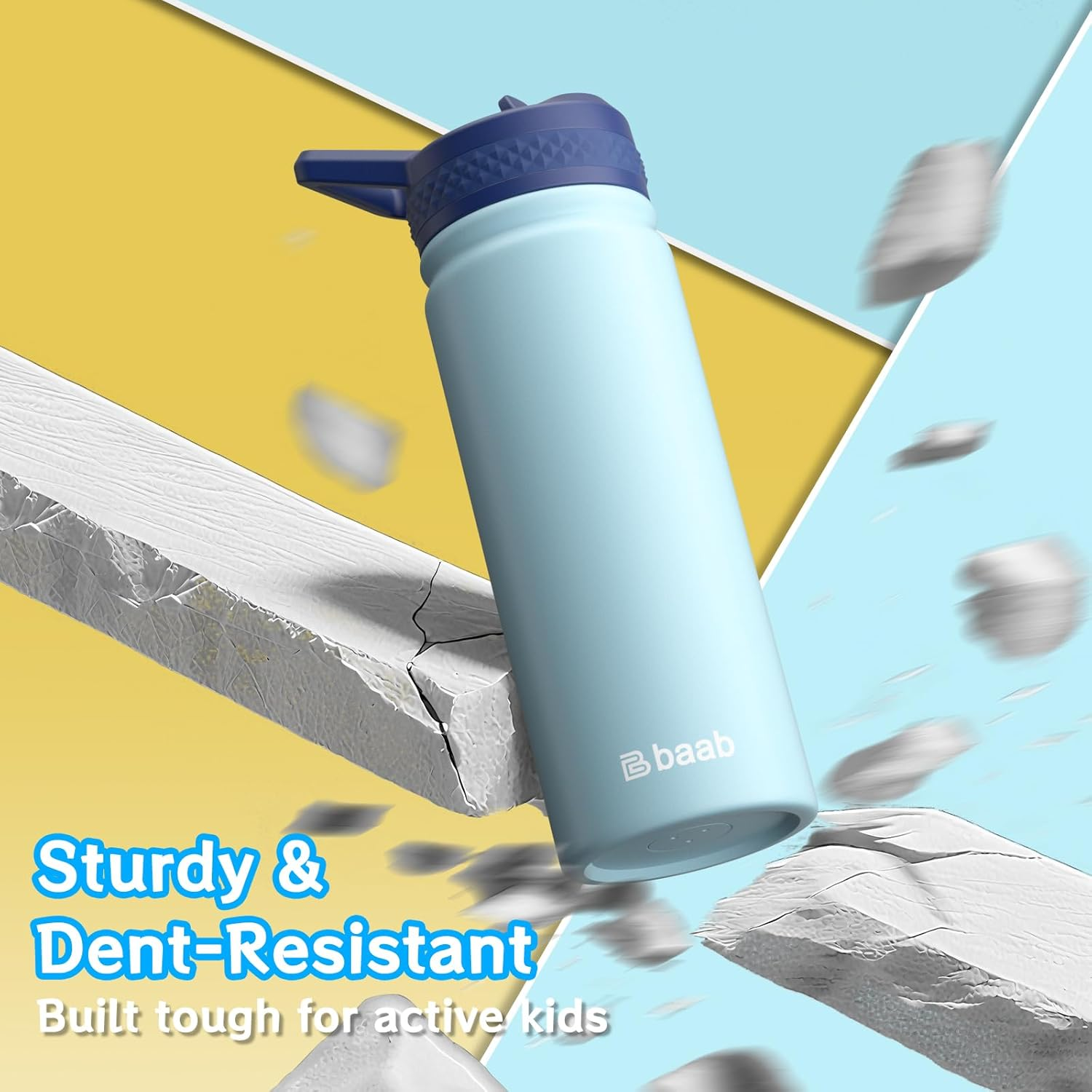 Baab 18Oz Kids Water Bottle, Insulated Water Bottle with Straw & Stickers, 18/8 Stainless Steel Vacuum Leakproof Kids Water Straw Cup for Sports Travel & School (Light Blue, 1 Pack)