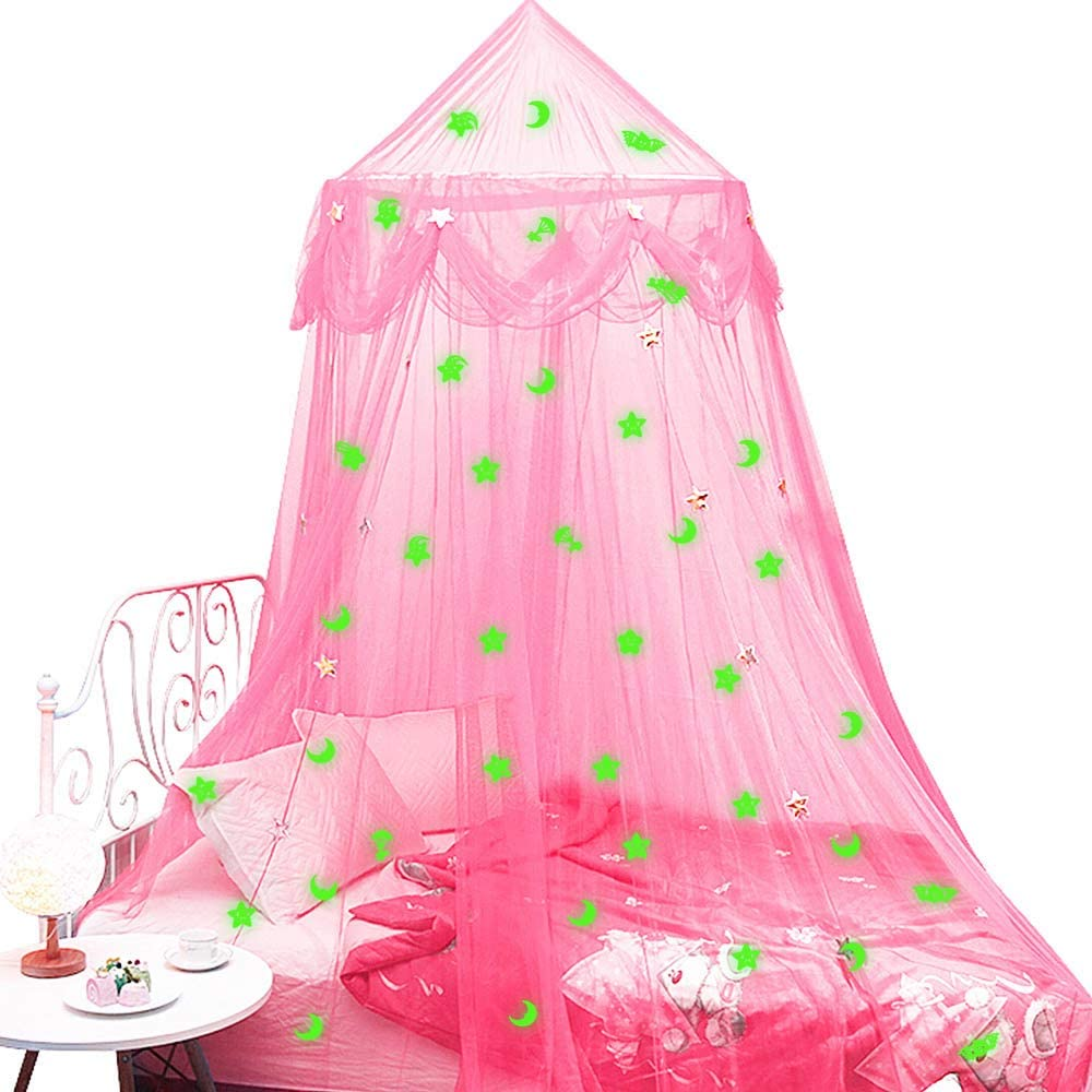 Bed Canopy for Girls with Glow in the Dark Stars Moons, Princess Canopy Dome Mosquito Net Birthday Gifts for Kids Bedroom Decor Pink image number 5