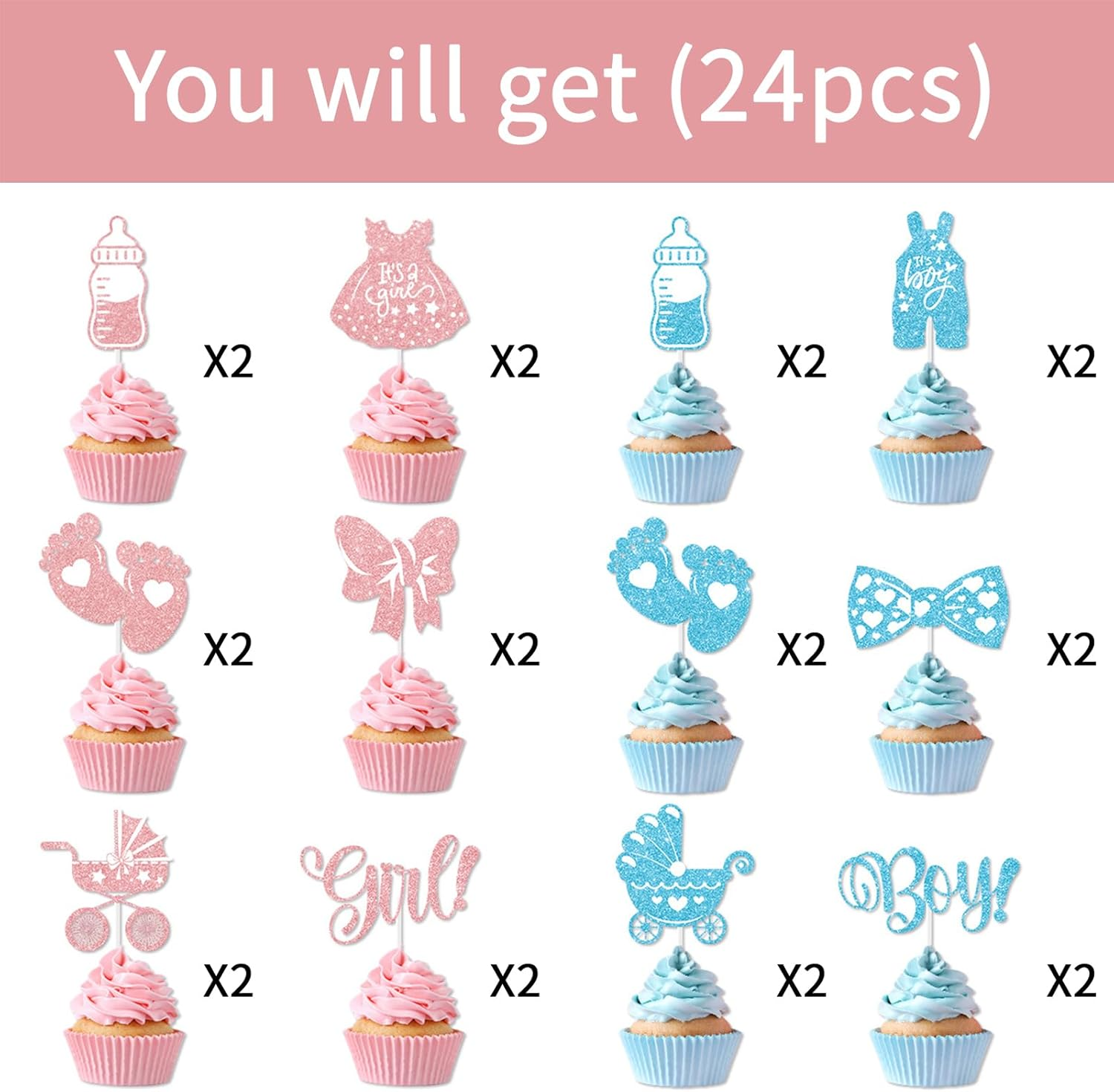 24 Pcs Baby Gender Reveal Cupcake Topper Set; Boy or Girl Themed Party Cake Decorating Props; for Baby Shower Gender Reveal Party Creative Decorations image number 1