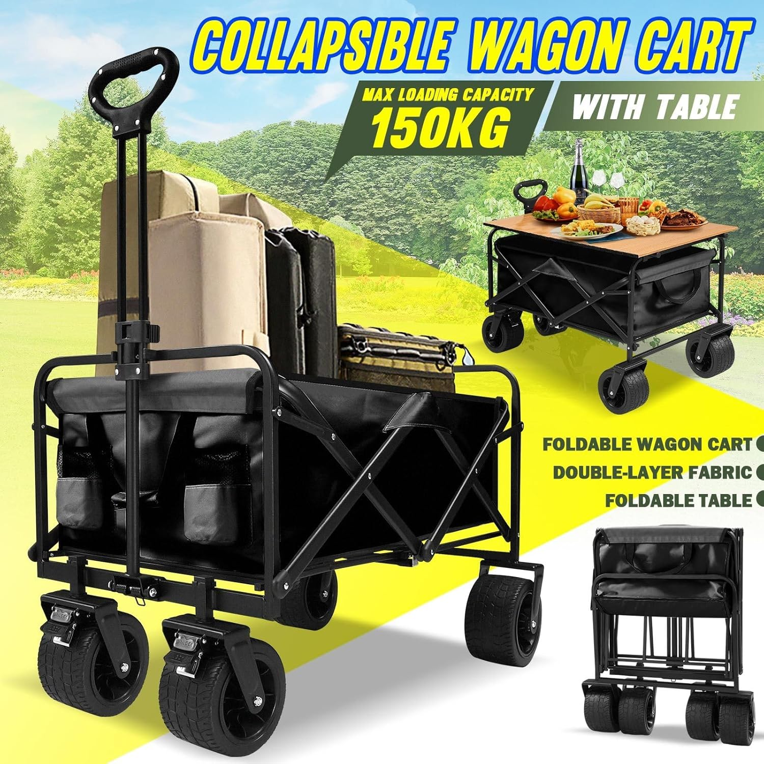 Folding Wagon Cart Collapsible Wagon with All-Terrain Wheels for Beach Picnic Garden Utility Trolley Trailer Barrow Market Grocery Shopping Sports Outdoor Camping Luggage Collapsible 150Kg - 95 X 54 X 71-100 Cm Be image number 7