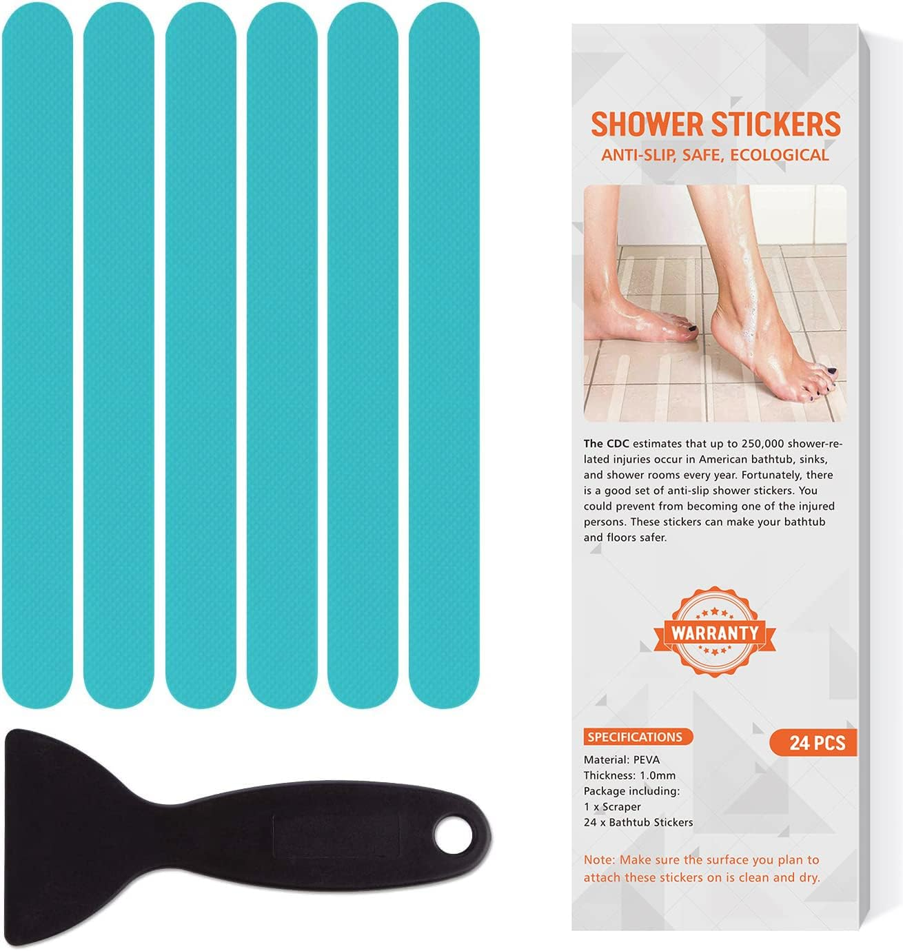 Non Slip Bathtub Stickers, 24 PCS Shower Stickers for Safety Bathroom Tubs, Bathtub Non Slip Stickers and Adhesive Decals Scraper for Bath Tub, Shower Floor, Stairs, Ladders(Clear)