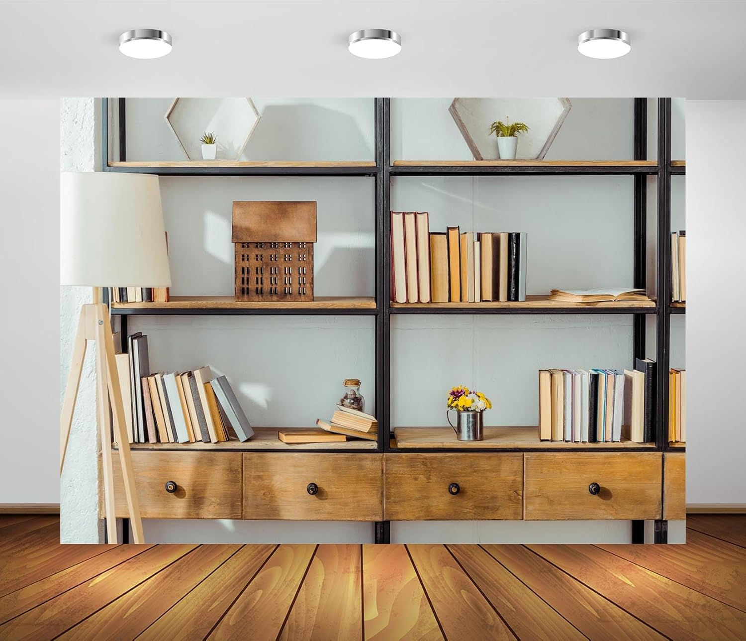 BELECO 9X6Ft Fabric Living Room Bookshelf Backdrop Empty Room with Bookcase, Zoom Calls Video Recording Background Home Office Decor Zoom Meetings Photo Studio Props image number 3