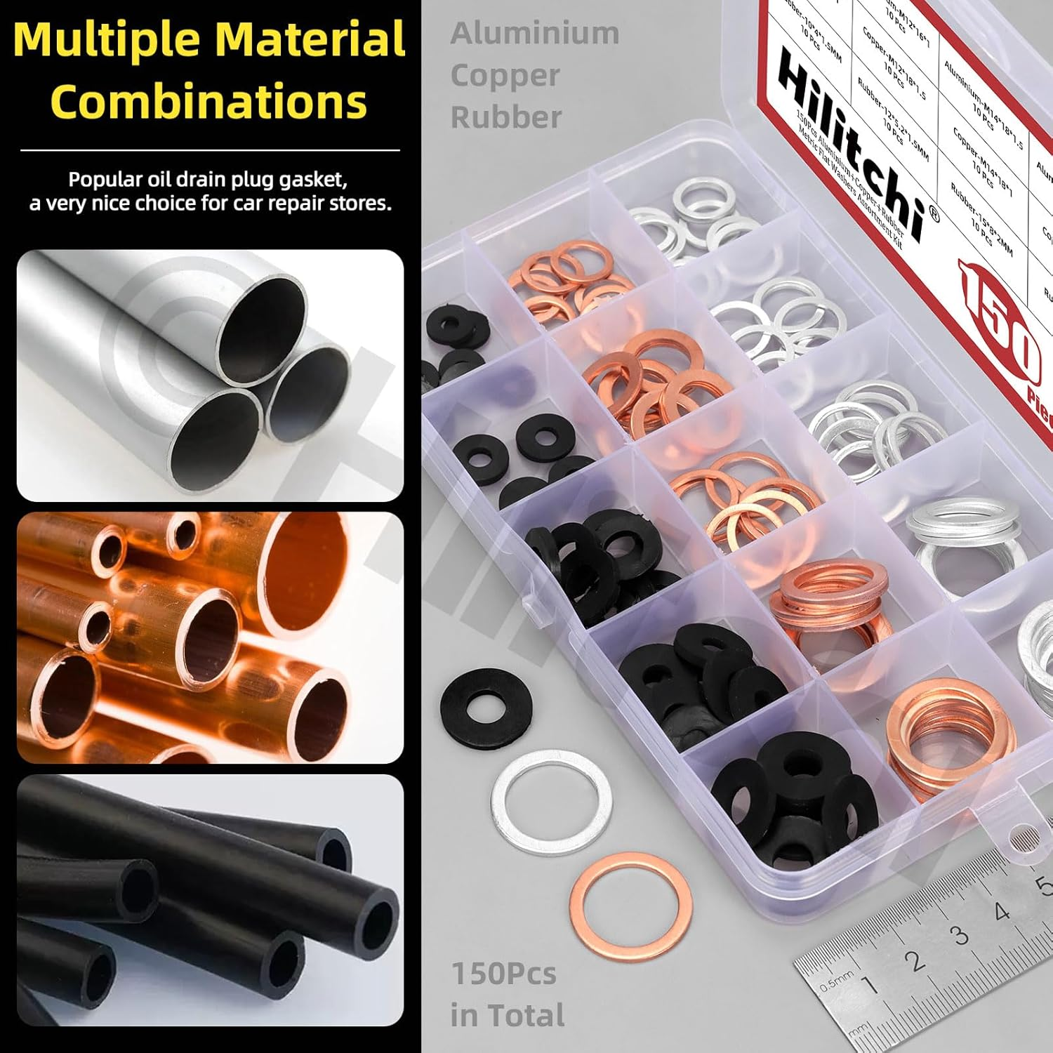 Hilitchi 150Pcs Aluminum Copper Oil Drain Plug Gasket and Black Nylon Flat Washer Assortment Kit, M10 M12 M14 M16 M18 Oil Crush Washers Sealing Washers Rubber Grommet for Car Household Appliances image number 5