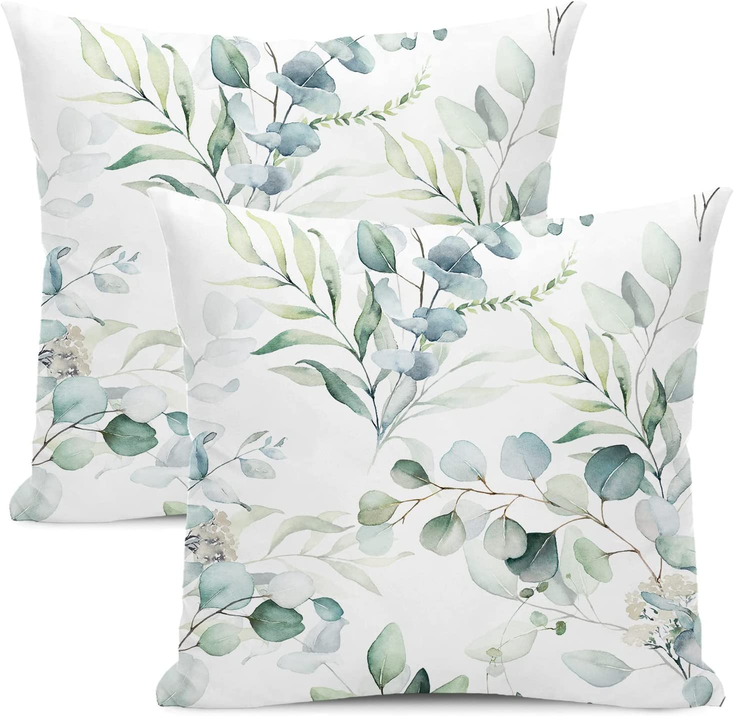 AEIOAE Spring Sage Green Pillow Covers 16X16 Inch Set of 2,Watercolor Eucalyptus Floral Throw Pillows Case,Seafoam Leaves Print Square Cushion Outdoor Leaf Decor for Home Sofa Bed (ZHH121001)