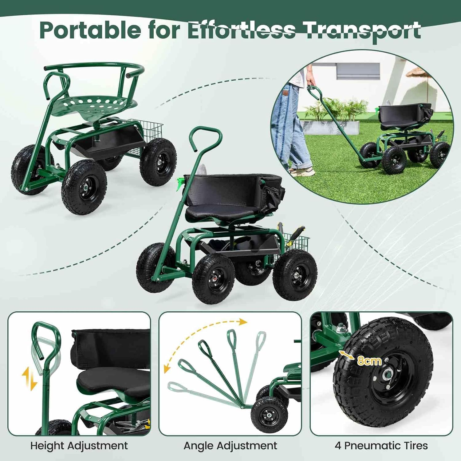 Costway Rolling Garden Cart Scooter, Outdoor Heavy-Duty Gardening Cart W/ 26Cm Tires, Swivel Seat, Extendable Handle, Yard Steerable Tool Cart Scooter W/Tray, Storage Basket, Tool Pouch, Seat Cushion image number 2